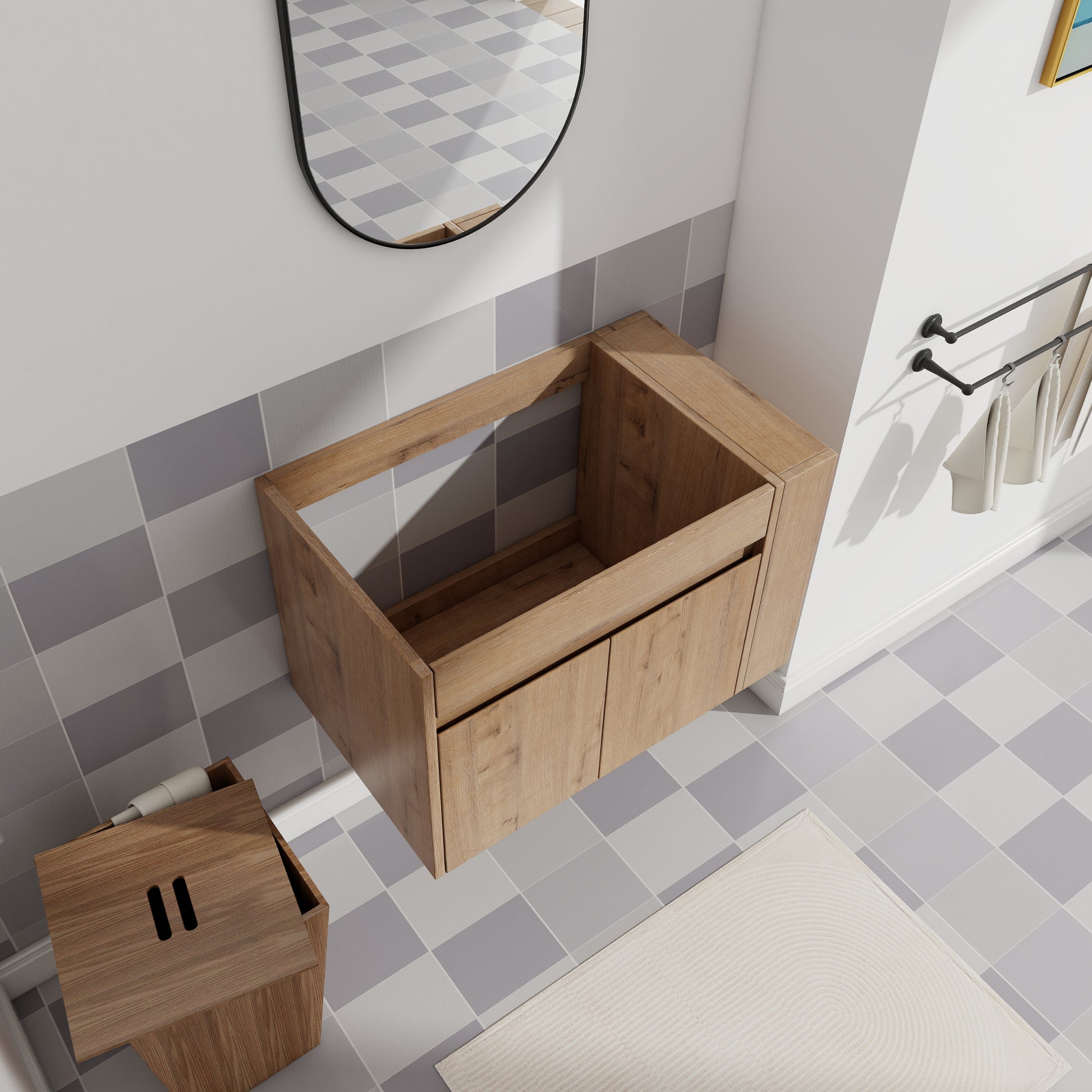 30 Inch Bathroom Vanity With Open Shelf, Kd Packing Only Vanity, Without Basin Imitative Oak 2 1 Soft Close Doors Bathroom Wall Mounted Modern Plywood Plywood