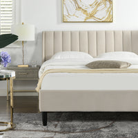 Aspen Vertical Tufted Modern Headboard Platform Bed Set, Queen, French Beige Performance Velvet Box Spring Not Required Queen Beige Wood Foam Velvet Velvet