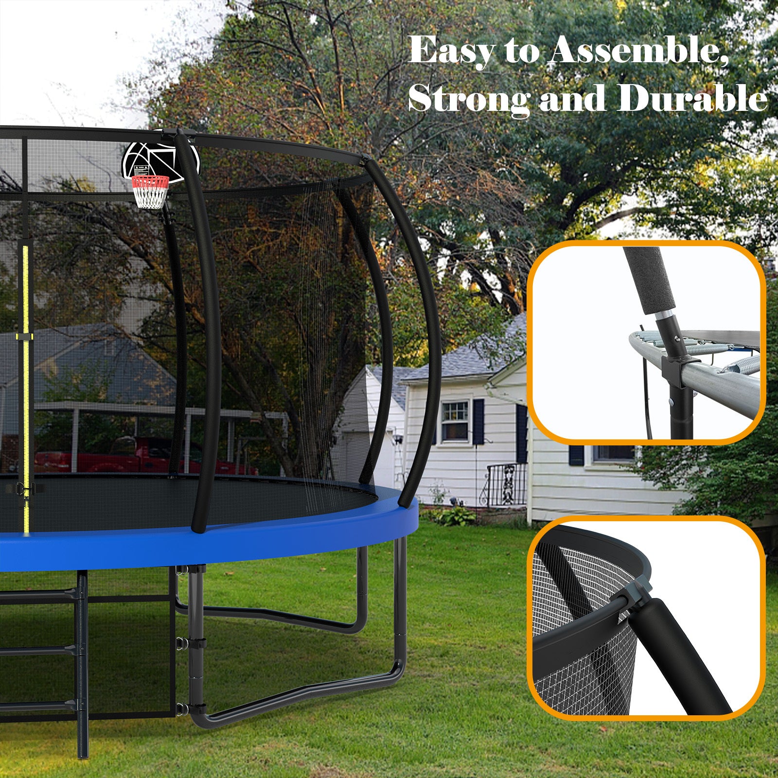 14Ft Trampoline With Enclosure Recreational Trampolines With Ladder And Antirust Coating, Astm Approval Outdoor Trampoline For Kids Blue Steel