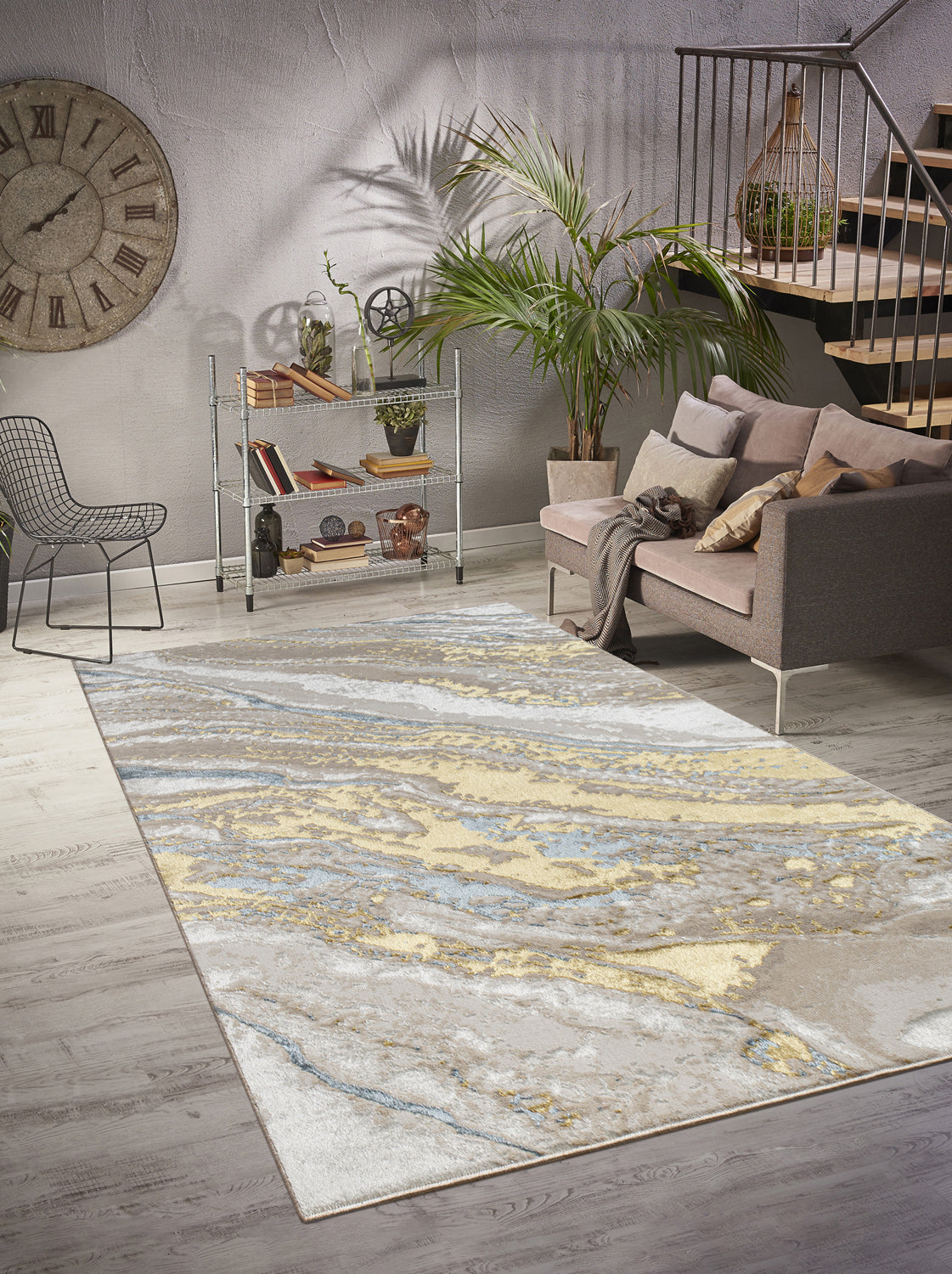 "Adina" Luxury Area Rug In Beige, Gold And Blue Abstract Design Multicolor Polyester