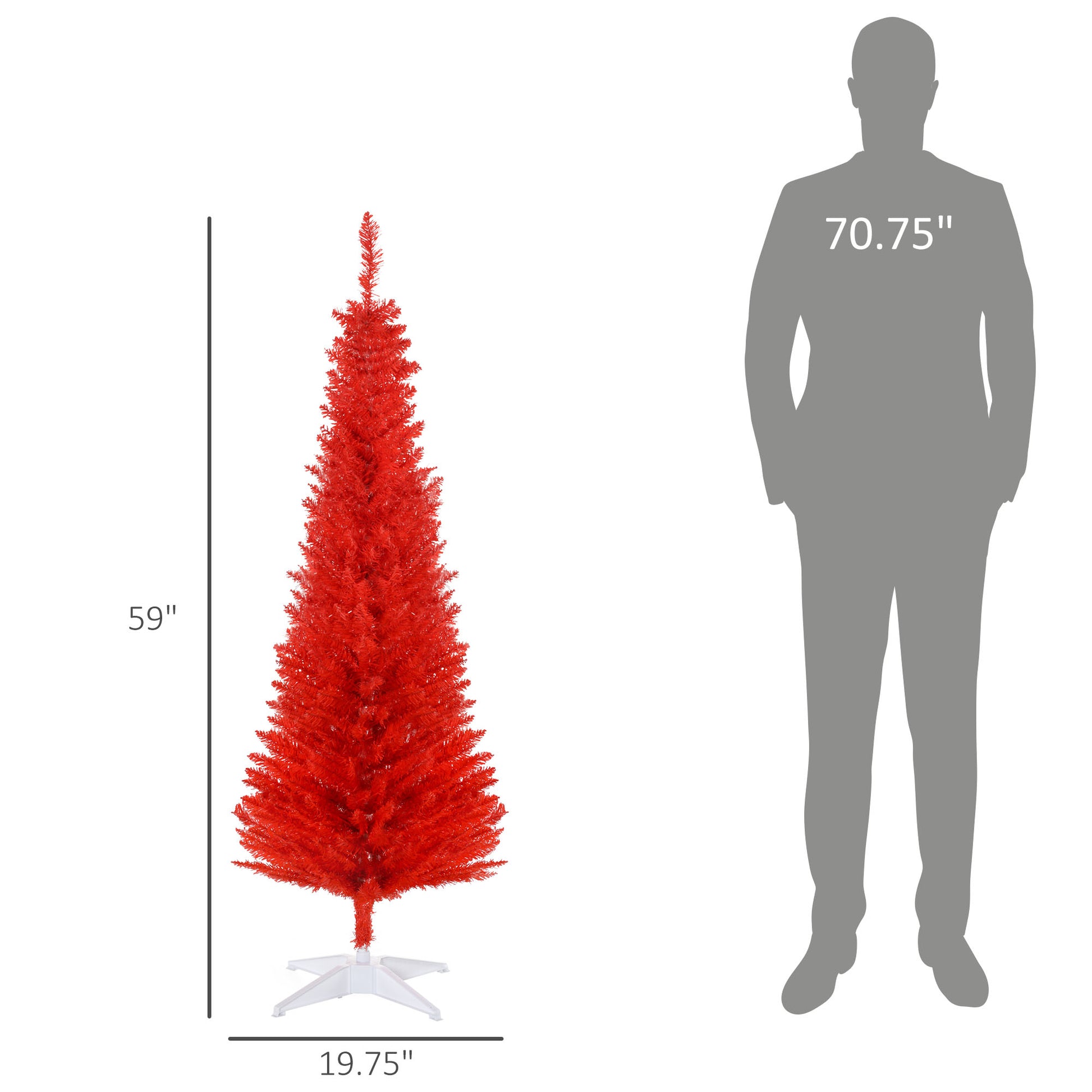 Homcom 5' Artificial Pencil Christmas Tree, Slim Xmas Tree With 294 Realistic Branch Tips And Plastic Stand, Red Red Plastic