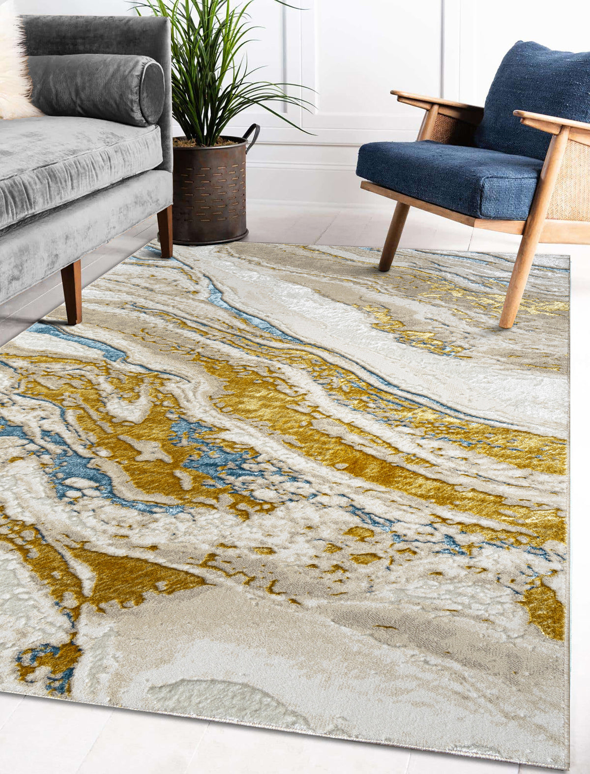 "Adina" Luxury Area Rug In Beige, Gold And Blue Abstract Design Multicolor Polyester