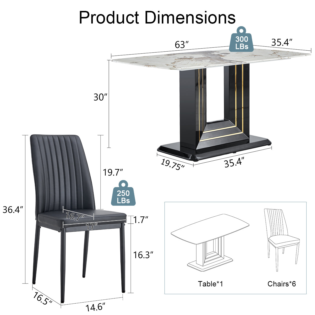 Modern Dining Table Set, 7 Piece Faux Marble Kitchen Table For 6 8, Glass Rectangular Dining Room Table With U Shaped Table Legs, Dining Table & 6 Chairs Metal Black Rectangular Mdf Glass