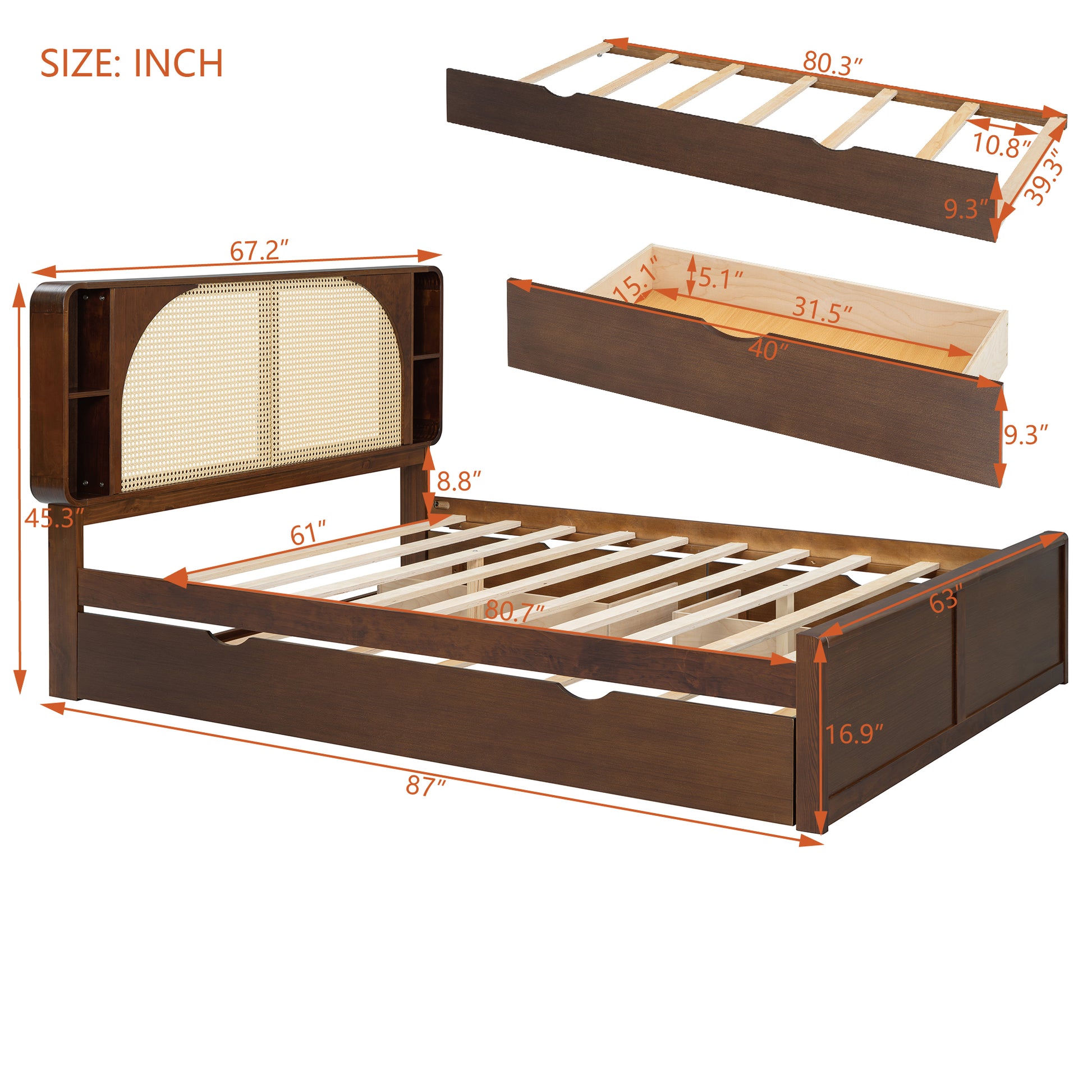 Queen Size Rattan Headboard Bed With Two Drawers And Trundle, Walnut Queen Walnut Solid Wood Mdf