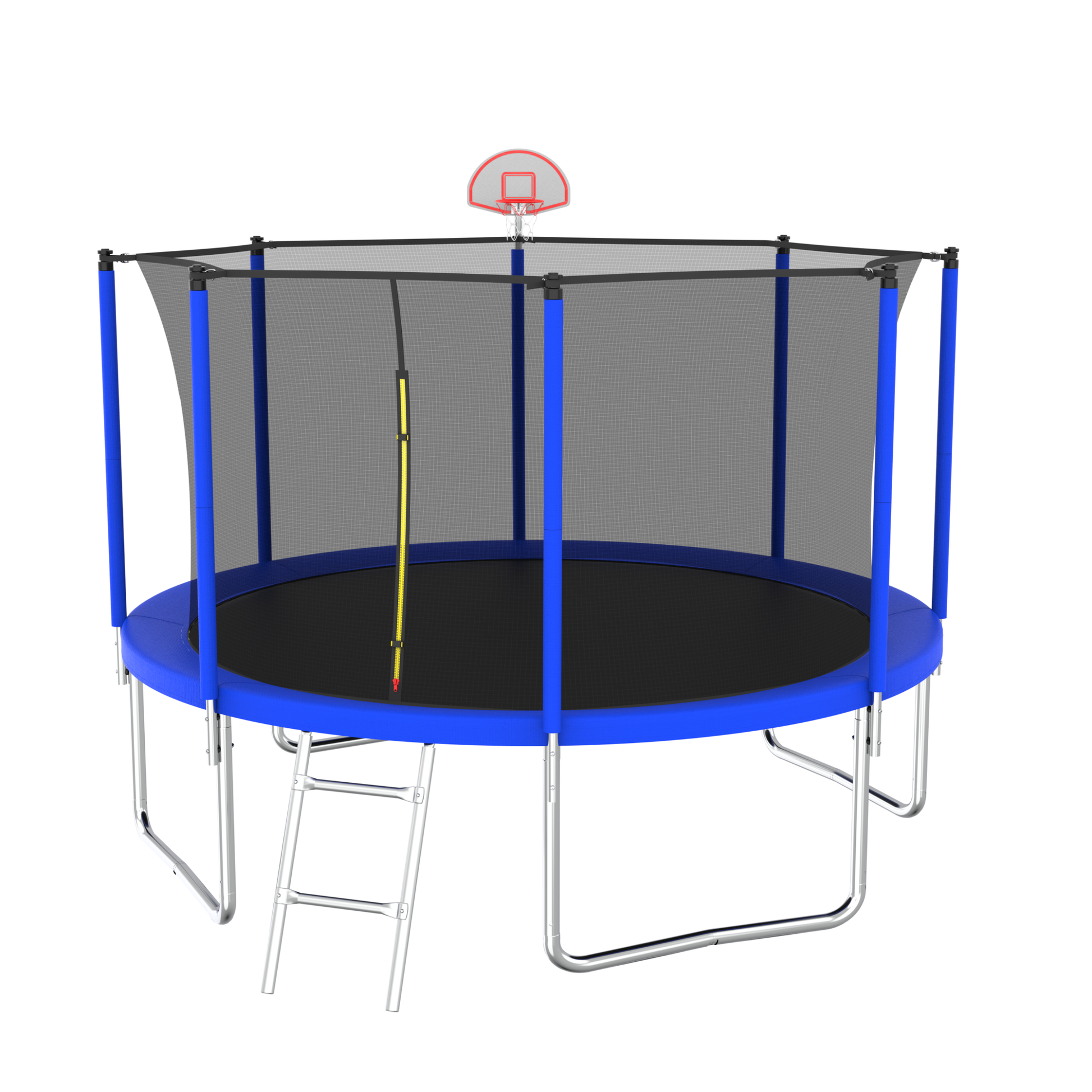 12Ft Trampoline For Kids & Adults With Basketball Hoop And Ball ,Recreational Trampolines With Safety Enclosure For Back Yard Outdoor Blue Metal