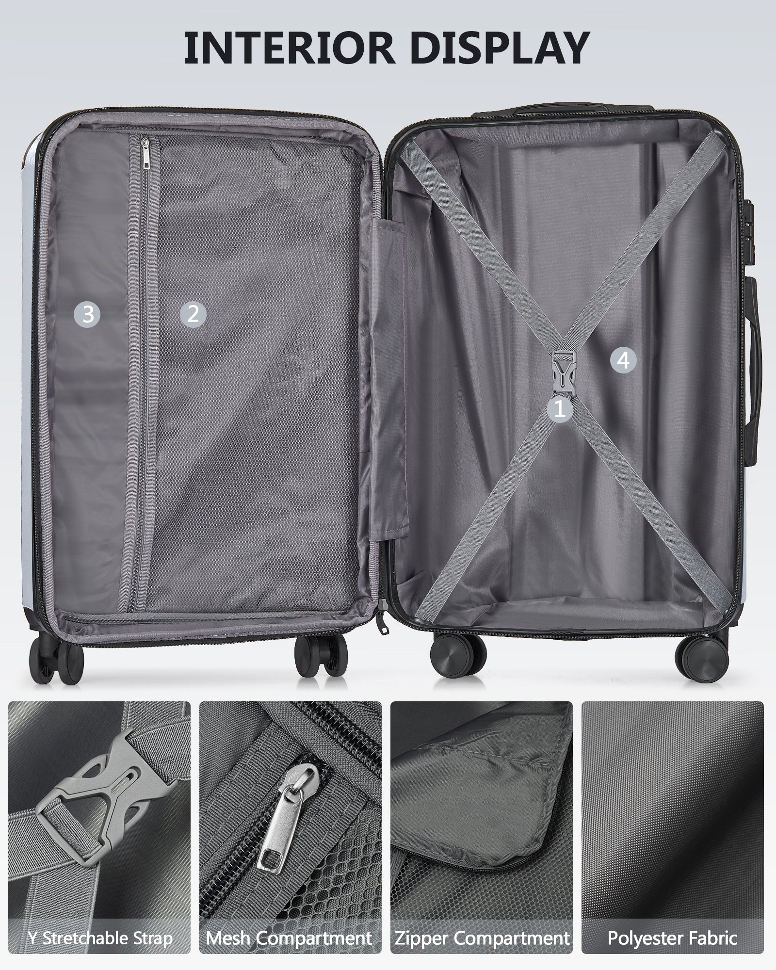 20 Inch Carry On Luggage With Tsa Lock& Double Spinner Wheels, Expandable For Large Storage Silver Abs