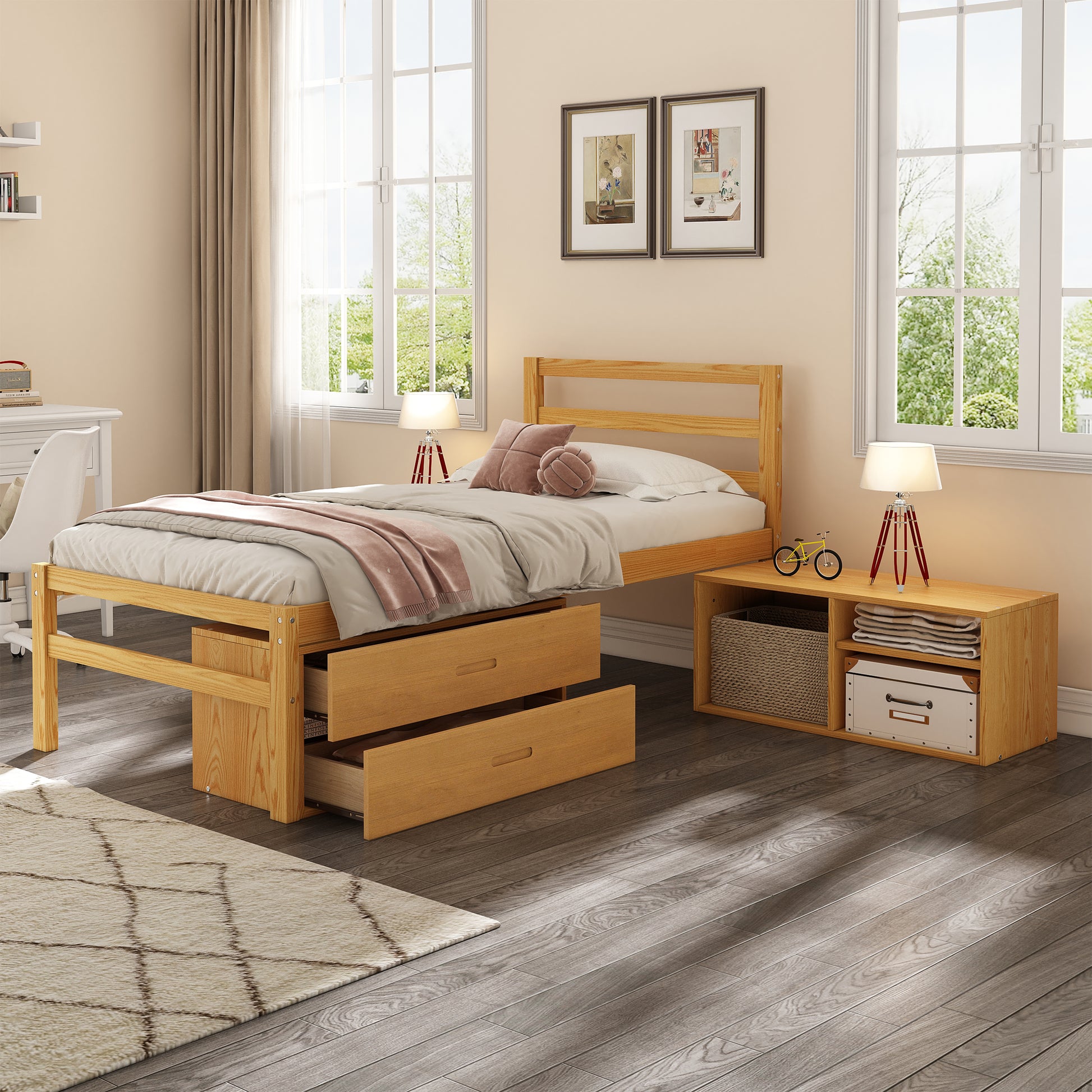 Twin Size Wood Platform Bed With Removable Storage Shelves, Built In Two Storage Drawers For Added Convenience, Natural Twin Natural Wood