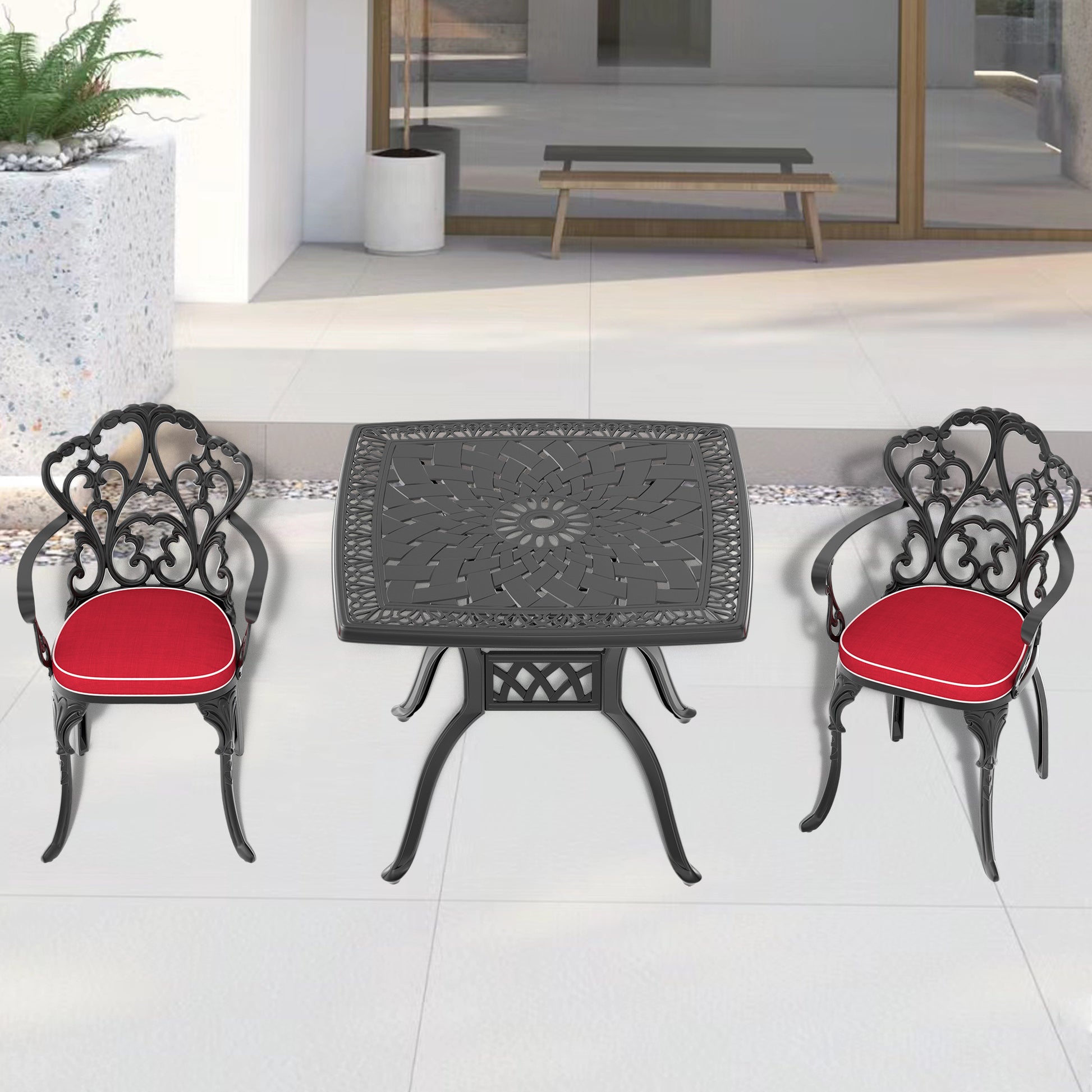 3 Piece Set Of Cast Aluminum Patio Furniture With Black Frame And Seat Cushions In Random Colors Yes Dining Set Black Red Seats 2 Rust Resistant Frame Water Resistant Cushion Garden & Outdoor Complete Patio Sets Aluminium