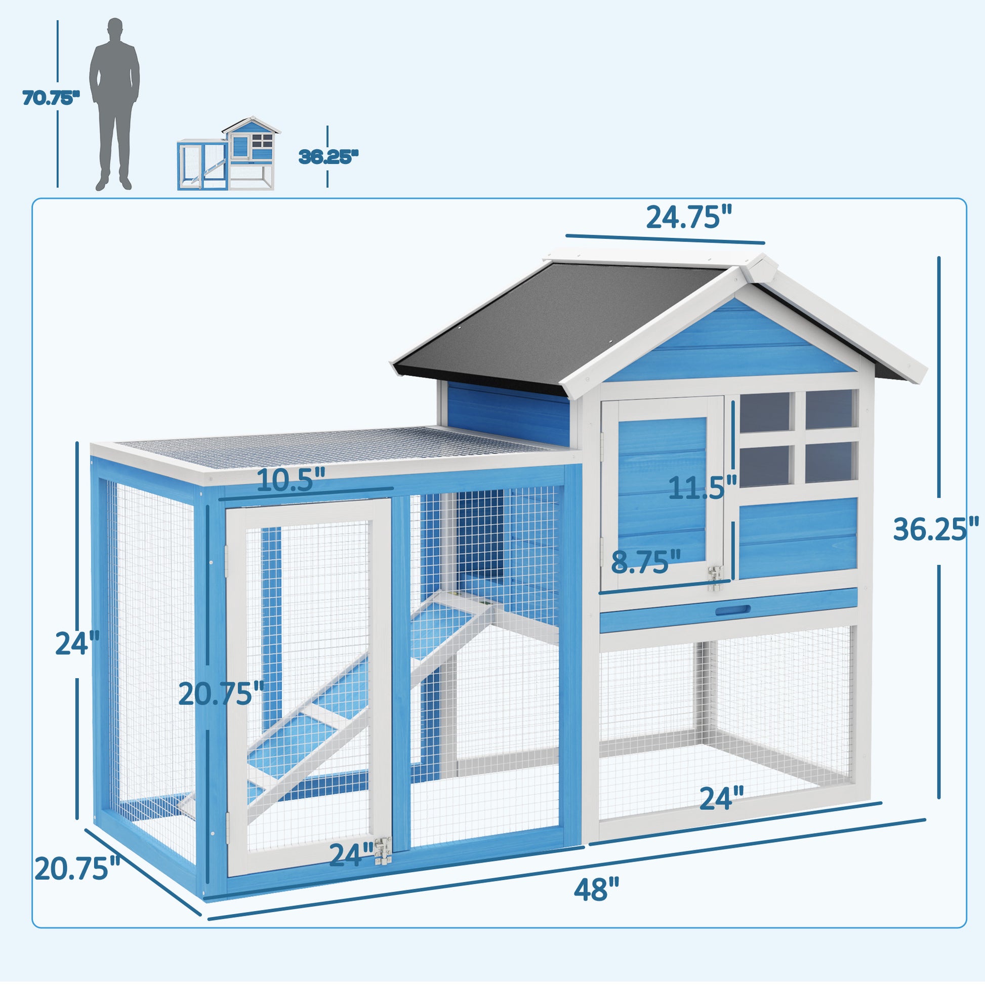 Pawhut 48" Wooden Rabbit Hutch Bunny Cage With Waterproof Asphalt Roof, Fun Outdoor Run, Removable Tray And Ramp, Light Blue Blue Wood