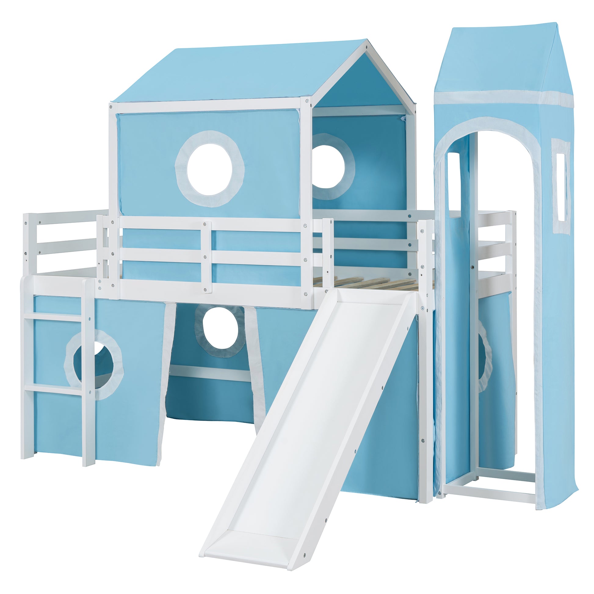 Twin Size Loft Bed With Slide Pink Tent And Tower Blue Old Sku:Wf298769Aac Twin Blue Solid Wood