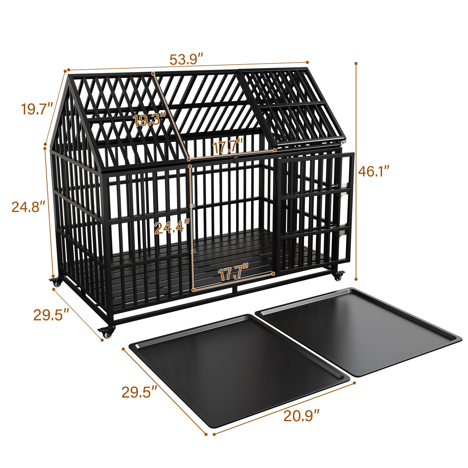 54" Heavy Duty Dog Crate Large Dog Cage Strong Metal Dog Kennels And Crates For Large Dogs Top Open With 2 Doors 4 Lockable Wheels 2 Removable Trays Black Outdoor Kennel Extra Large 71 90 Lbs Steel