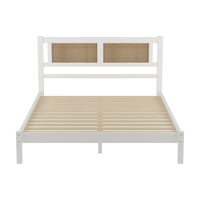 Queen Size Wood Platform Bed With Natural Rattan Headboard,Exquisite Elegance With Minimalist Charm For Bedroom,White White Particle Board