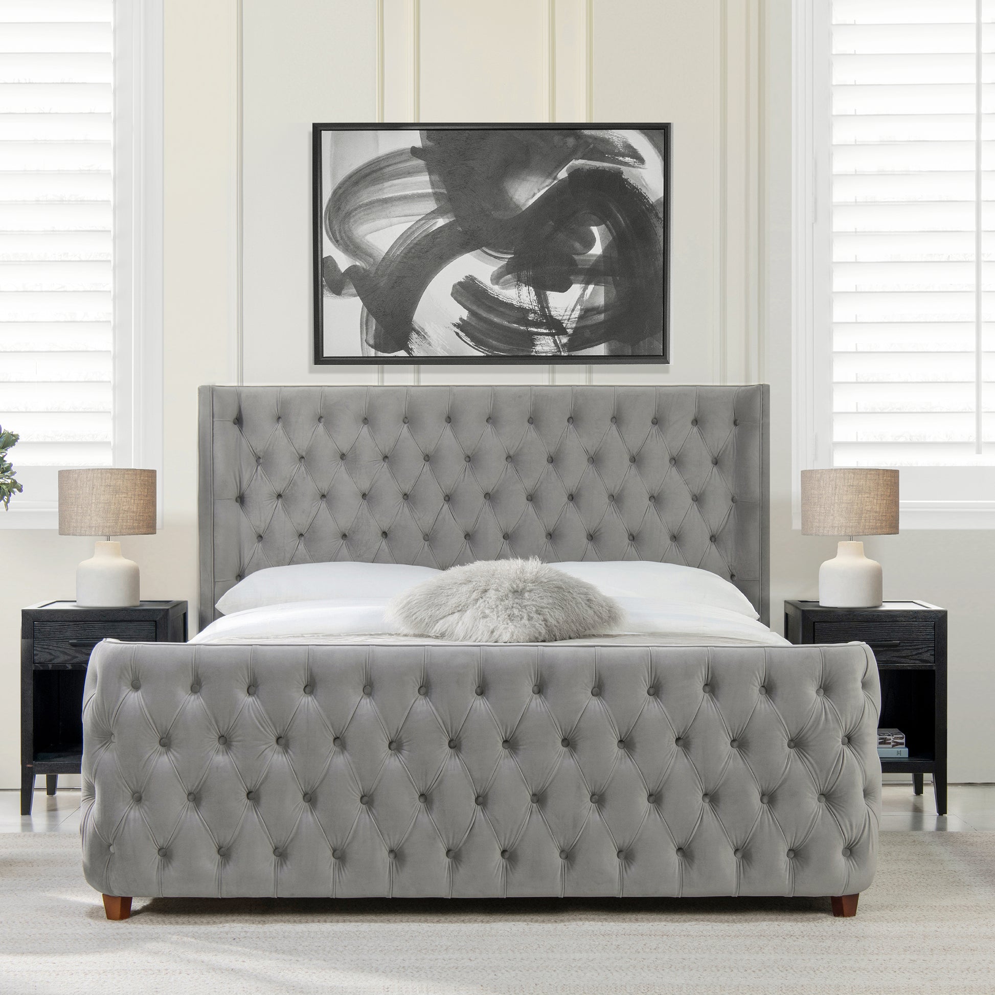 Brooklyn King Tufted Panel Bed Headboard And Footboard Set, Opal Grey Velvet Box Spring Required King Gray Wood Foam Velvet Velvet