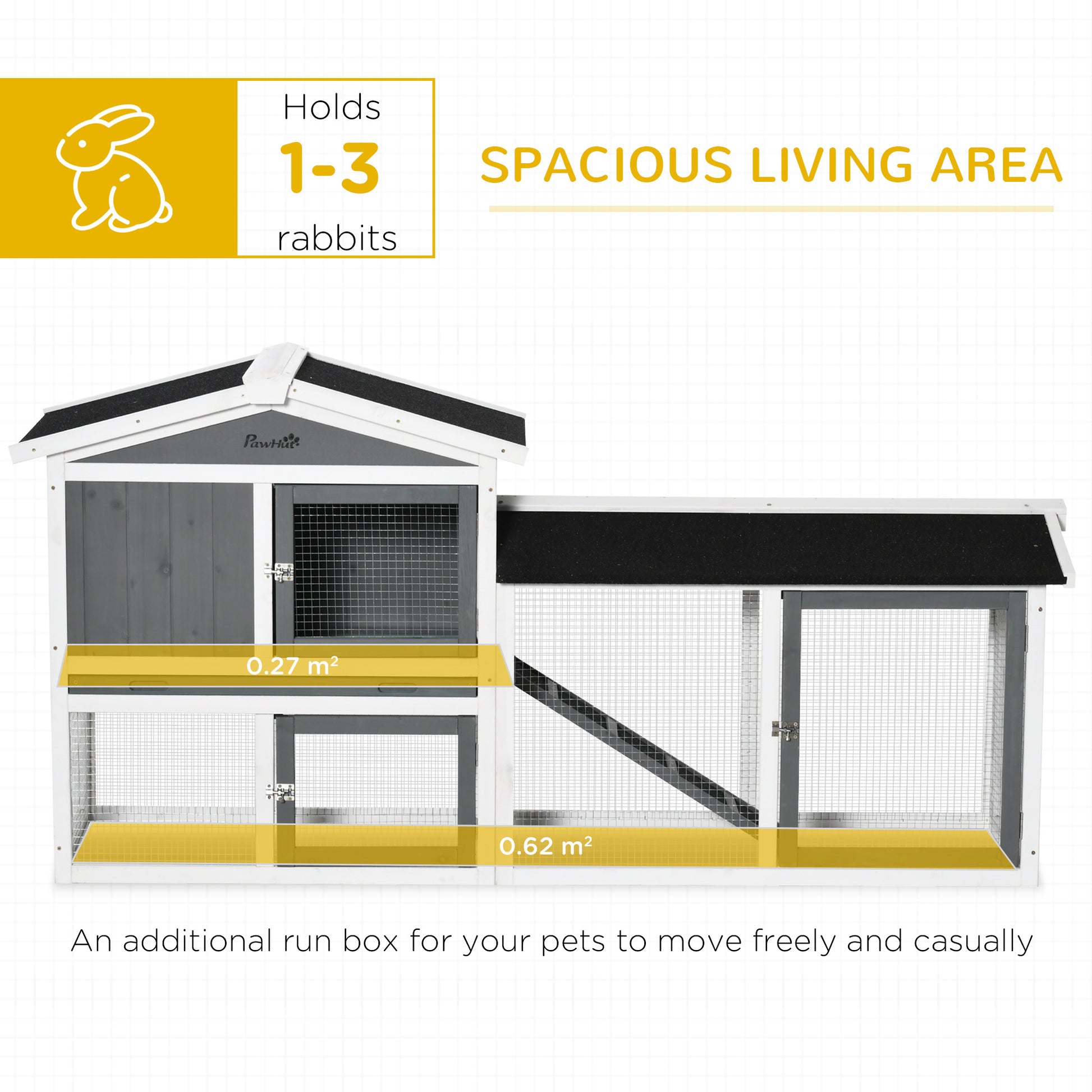 Pawhut Wooden Rabbit Hutch, Outdoor Large Rabbit Cage With Run, Tray, Ramp, Asphalt Roof For 1 3 Rabbits, Guinea Pigs, White White Wood