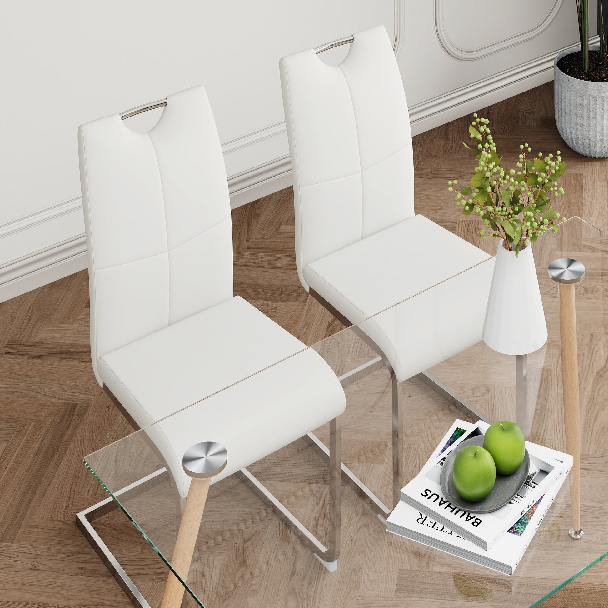 Modern Simple Rectangular Glass Dining Table, Solid Tempered Glass Countertop, Wood Transfer Metal Table Legs, White Pu Dining Chair Set, Suitable For Restaurant Kitchen Use Set Of 5 Metal Glass White Pu Seats 4 Metal Rectangular Dining Table With Chair