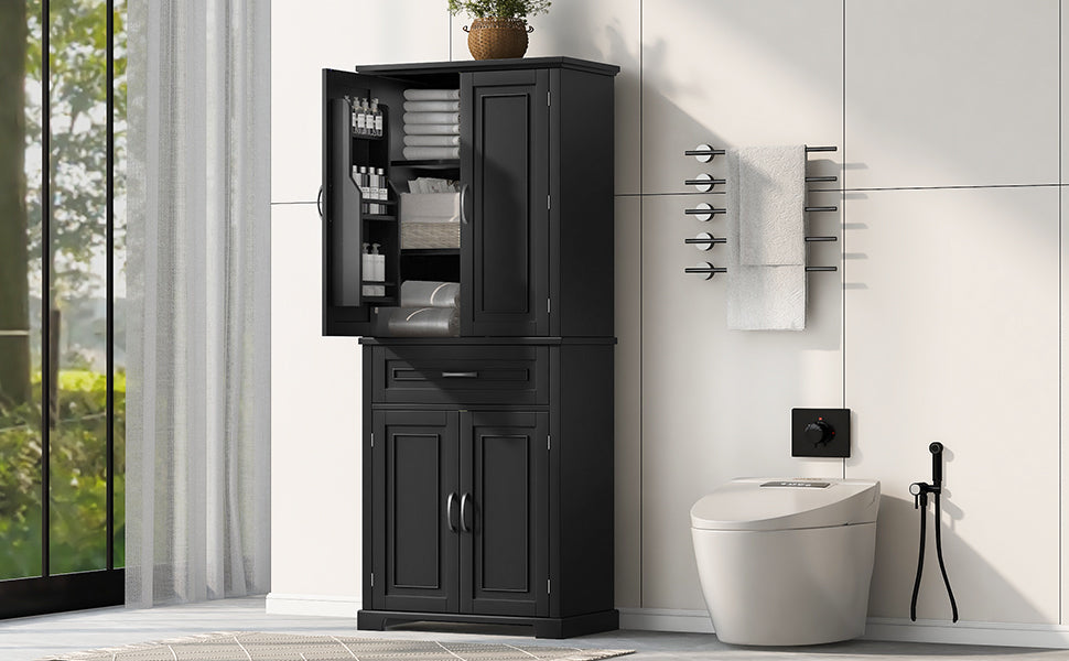 Bathroom Storage Cabinet With Doors And Drawer, Multiple Storage Space, Adjustable Shelf, Black Black Mdf