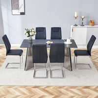 Table And Chair Set.63"X31.5X30" Black Marble Patterned Slabs Tabletop With Stainless Steel Butterfly Legs.Paried With 6 Black High Quality Pu Chairs With Silver Metal Legs. Black,Silver Seats 6