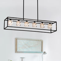 6 Light Farmhouse Chandelier, Modern Industrial Linear Rectangular Crystal Pendant Light Cage Chandelier For Dining Room,Kitchen Island, Bar, Long Table,G9*6 Bulbs Included Matte Black American