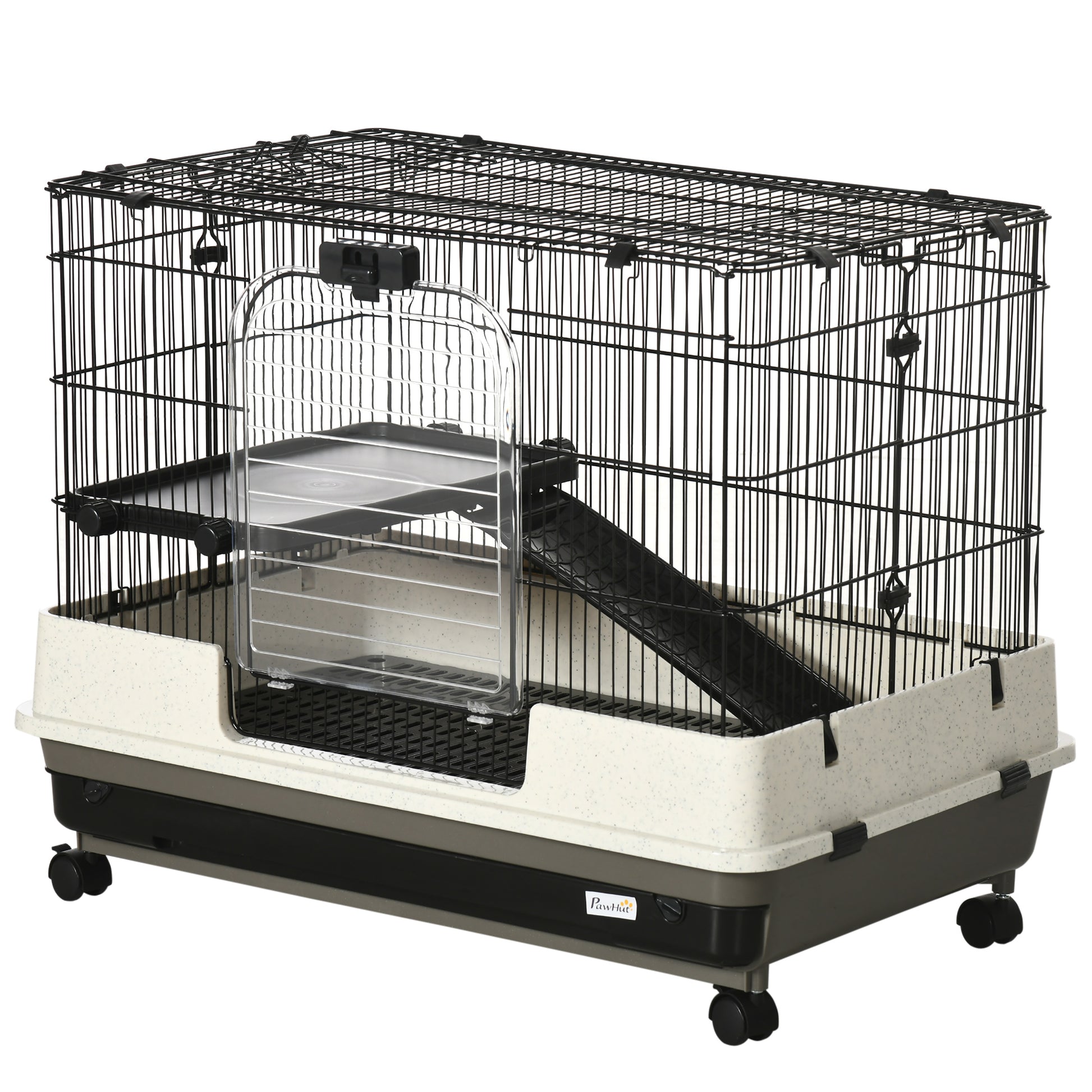 Pawhut 26" Small Animal Cage With Wheels, 2 Level Portable Bunny Cage, Chinchilla Ferret Cage With Removable Tray, Platform And Ramp White Black Iron Plastic