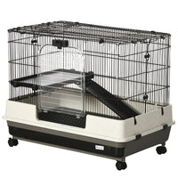 Pawhut 26" Small Animal Cage With Wheels, 2 Level Portable Bunny Cage, Chinchilla Ferret Cage With Removable Tray, Platform And Ramp White Black Iron Plastic