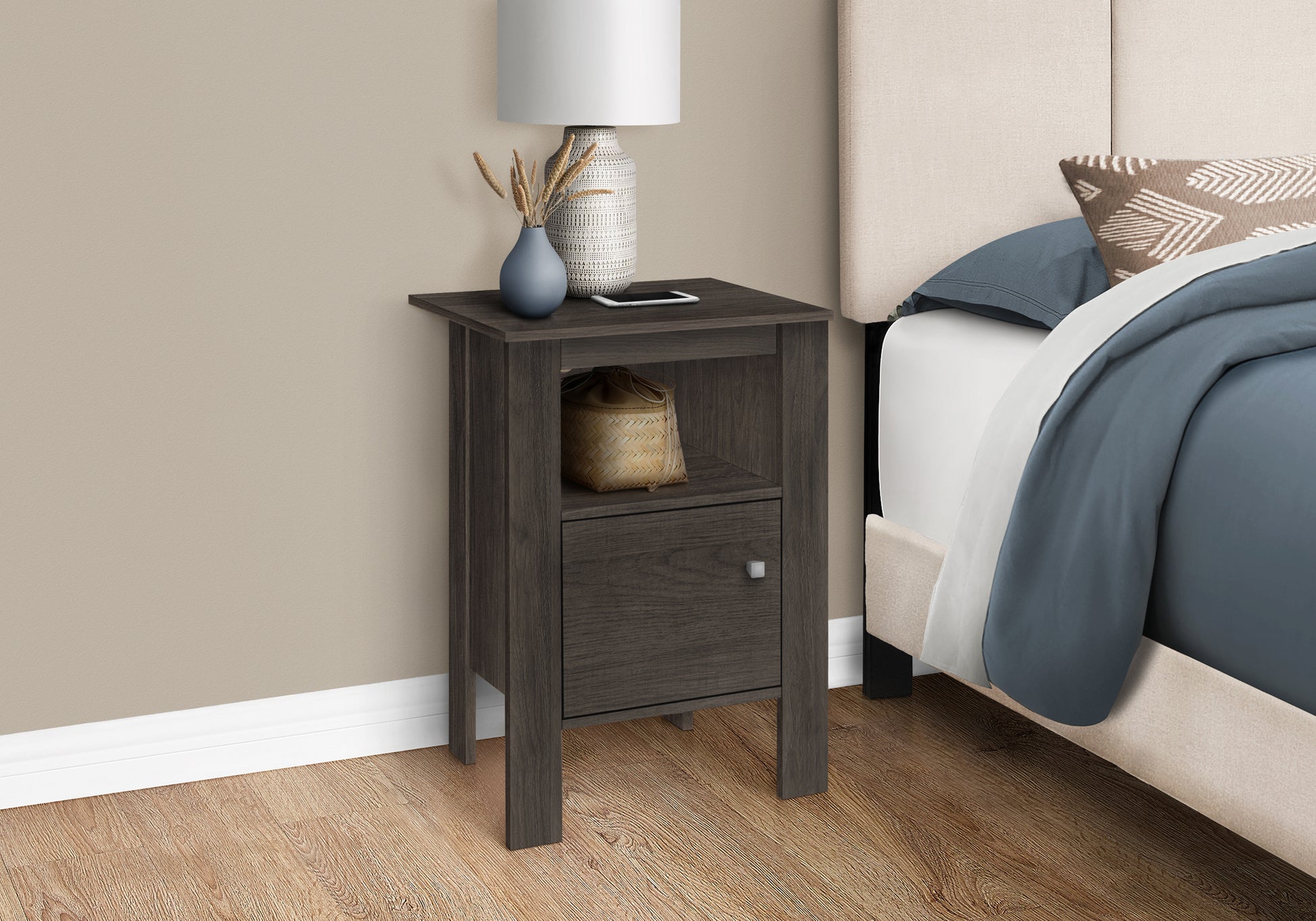 Accent Table, Side, End, Nightstand, Lamp, Storage, Living Room, Bedroom, Brown Laminate, Transitional Oak Particle Board