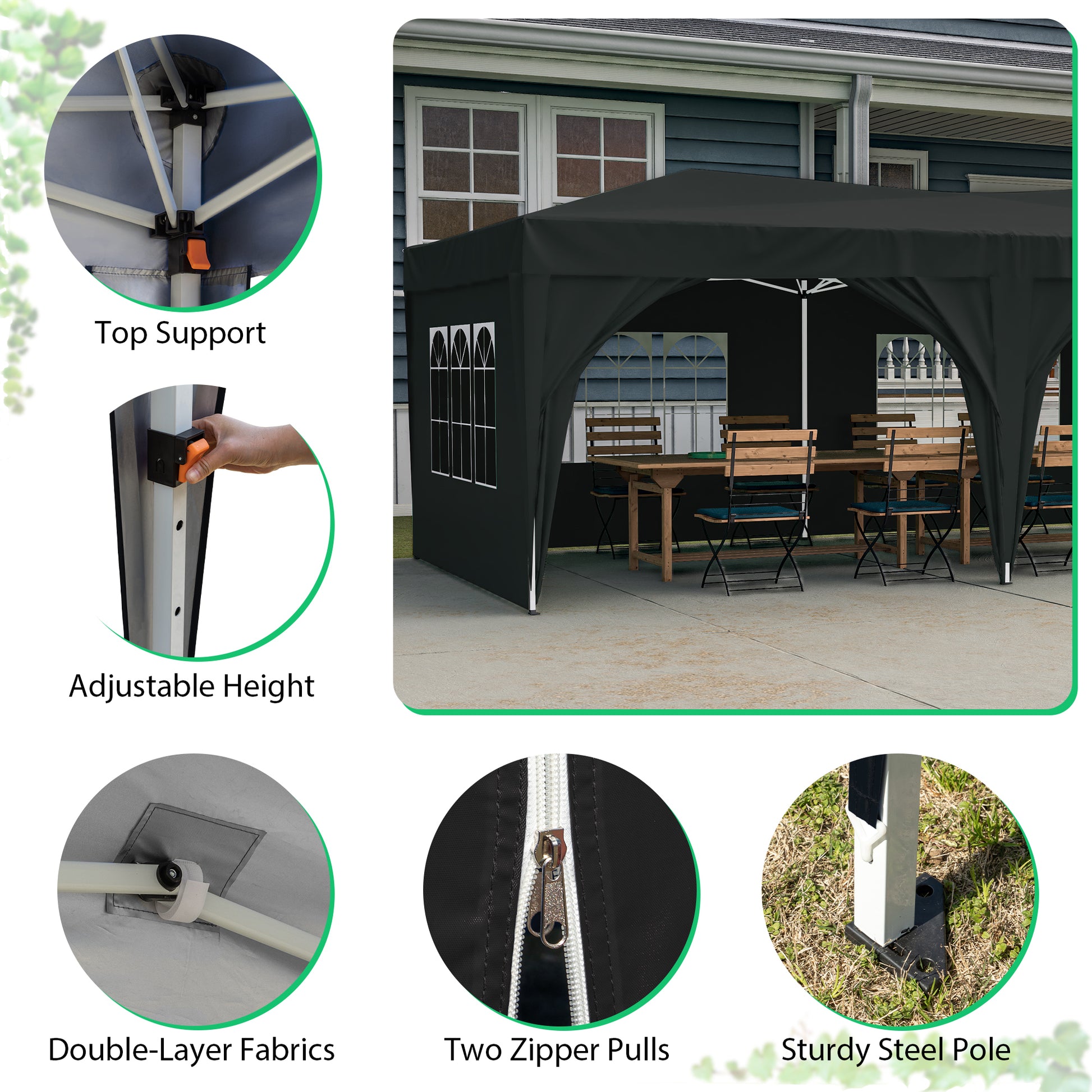 10'X20' Pop Up Canopy Tent With 6 Sidewalls, Ez Pop Up Outdoor Canopy For Parties, Waterproof Commercial Tent With 3 Adjustable Heights, Carry Bag, 6 Sand Bags, 6 Ropes And 12 Stakes, Black Black Metal