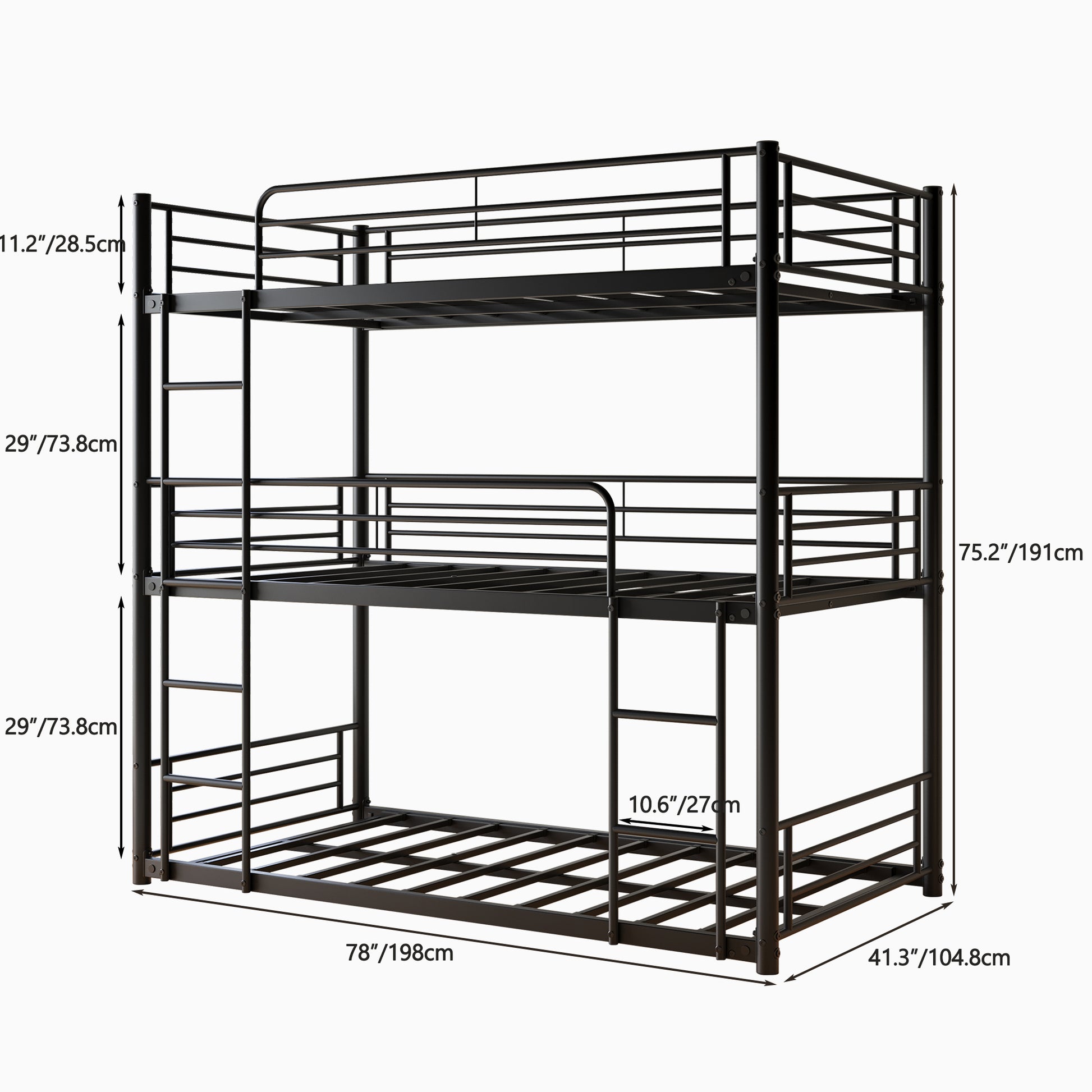 Triple Twin Bunk Beds, Twin Over Twin Over Twin Metal Bunk Bed Platform Frame, Two Attached Ladders, Easy Access Guard Rail, No Box Spring Need Black Box Spring Not Required Twin Black Metal Bedroom