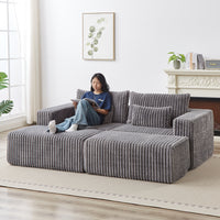 87" Oversized Sectional Lounge Chaise,No Assembly Required,Cloud Plush Loveseat With Two Removable Footstool,Fluffy Modern Sleeper Chair For Indoor Living Room Bedroom Grey Corduroy 2 Seat