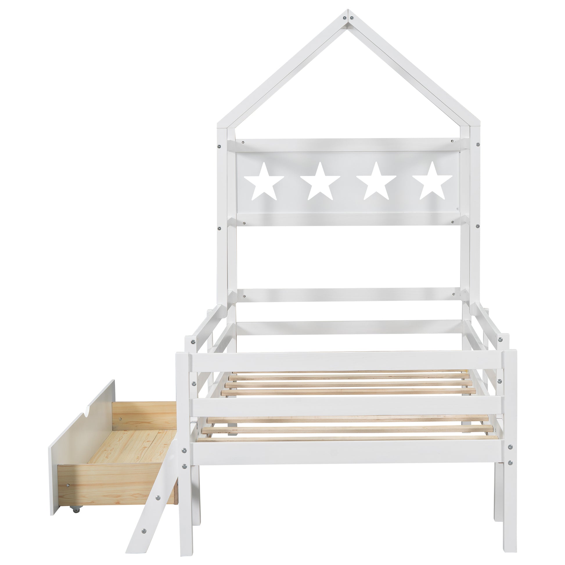 Wood Twin Size House Platform Bed With Guardrail And Drawer, White Box Spring Not Required Twin White Wood Bedroom Bed Frame Solid Wood Mdf