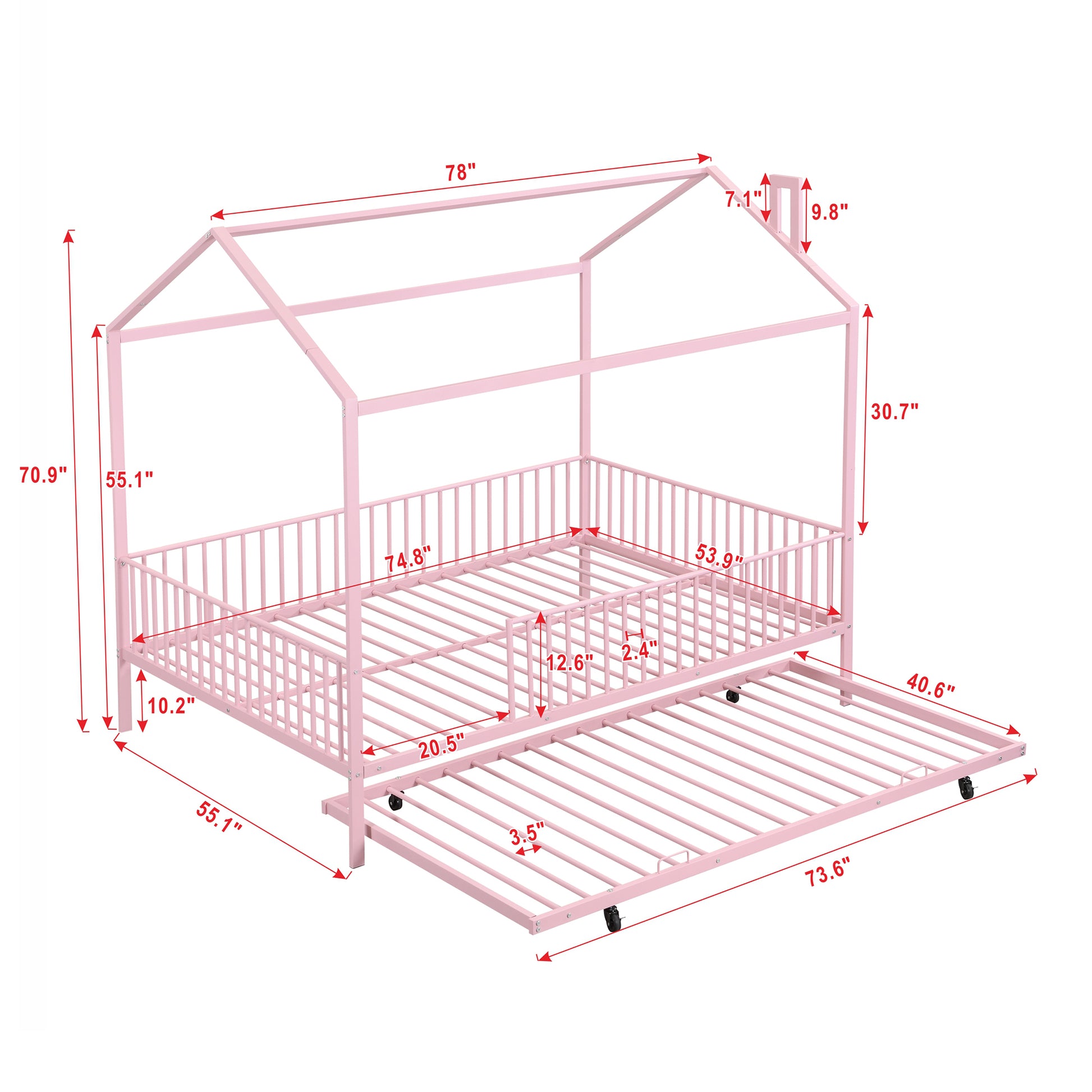 Full Size Metal House Bed With Fence, With Trundle, Pink Full Pink Metal