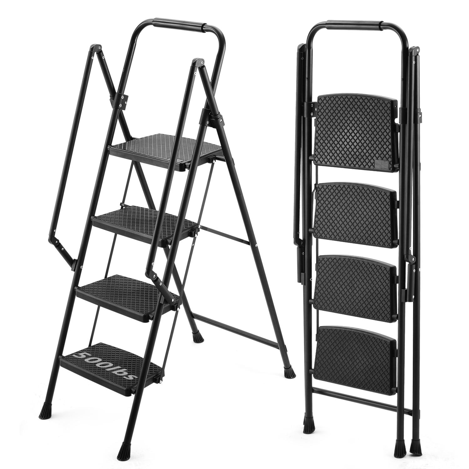 Four Step Ladder, Lightweight Folding Four Step Stool, Wide Anti Slip Pedal And Safety Handle, Sturdy Steel Ladder, Multi Purpose Step Ladder, Suitable For Home, Kitchen, And Office Elevators Black