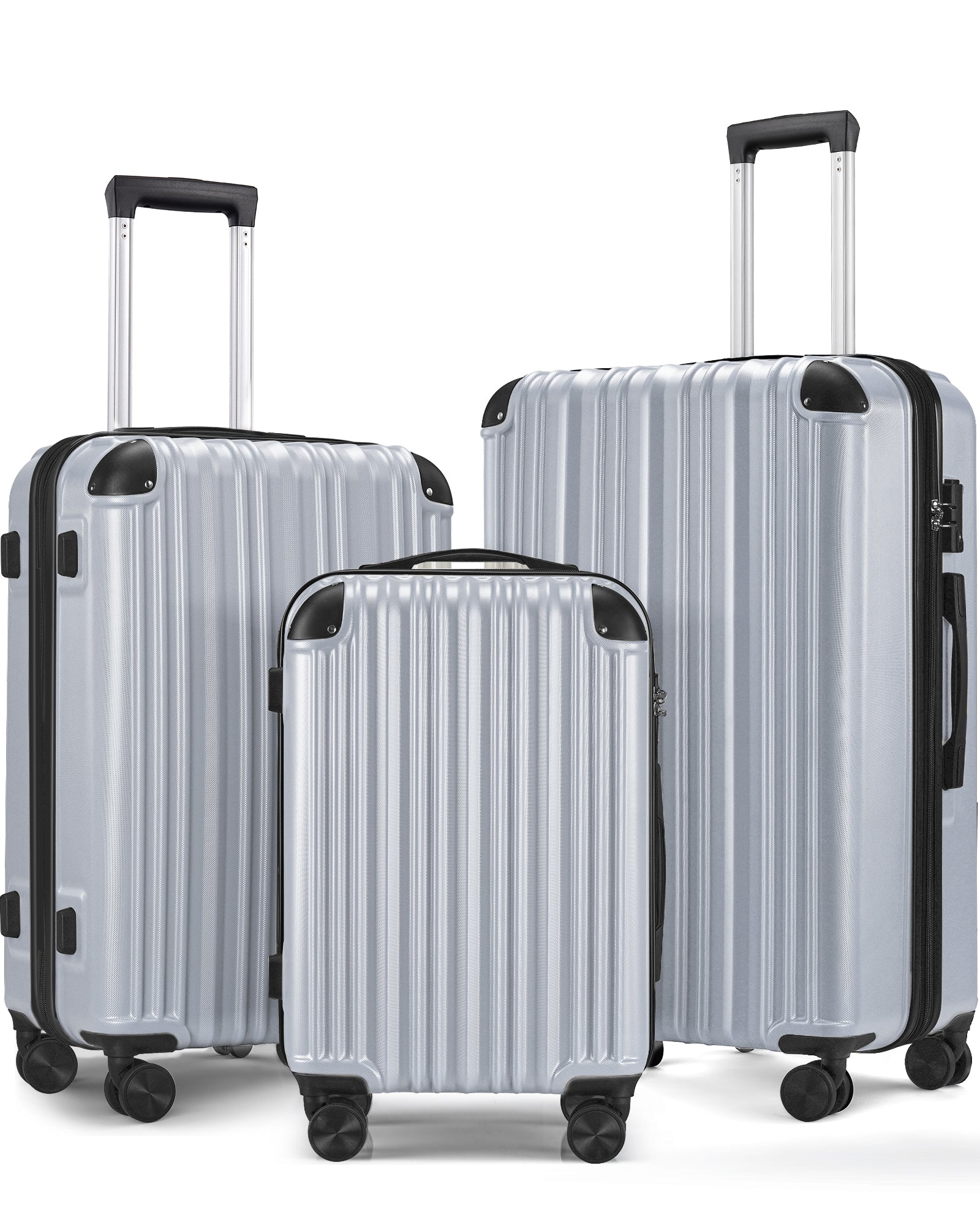 3 Piece Luggage Set With Tsa Lock& Double Spinner Wheels, Expandable For Large Storage Silver Abs