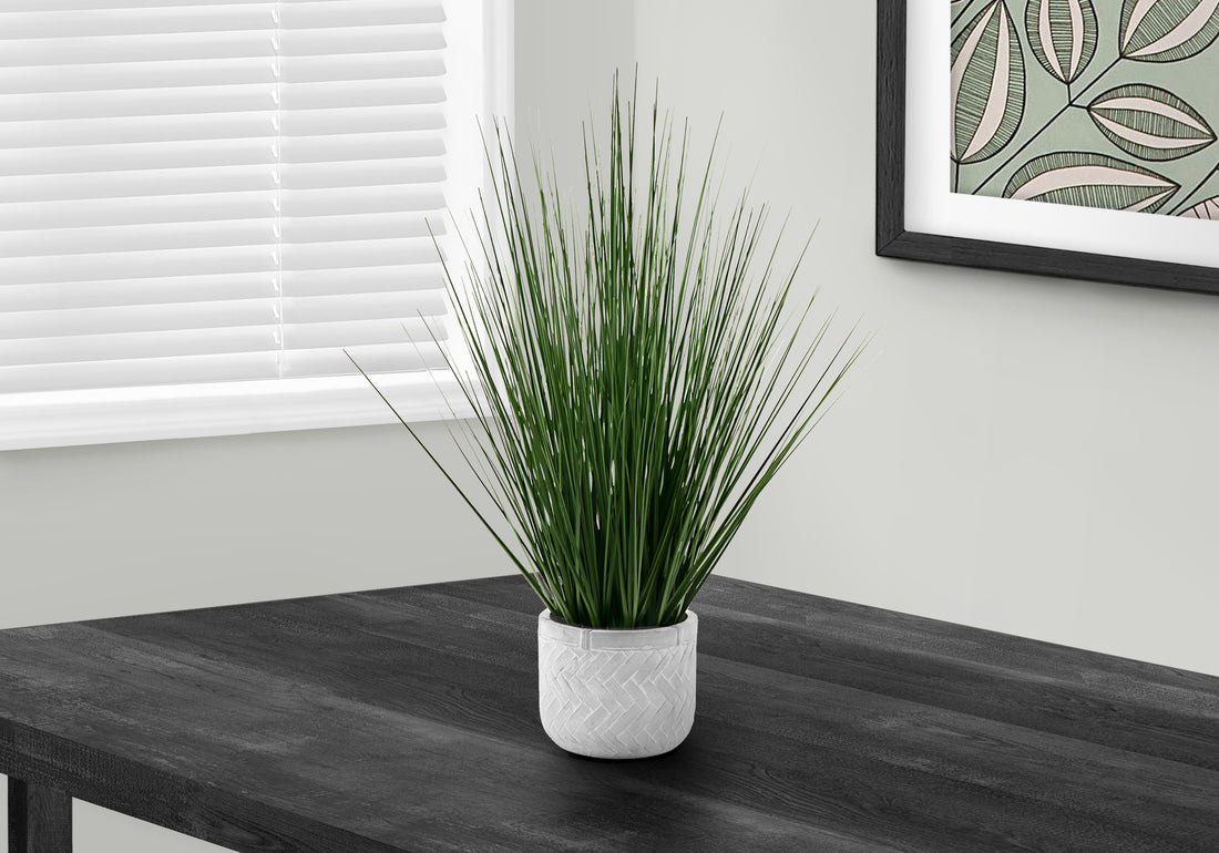 Artificial Plant, 21" Tall, Grass, Indoor, Faux, Fake, Table, Greenery, Potted, Real Touch, Decorative, Green Grass, White Pot Green Foam Plastic