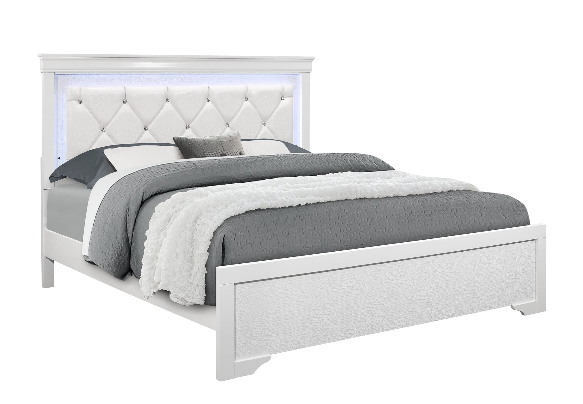 Shaker Crocodile Metallic White Full Bed With Led White Solid Wood Mdf