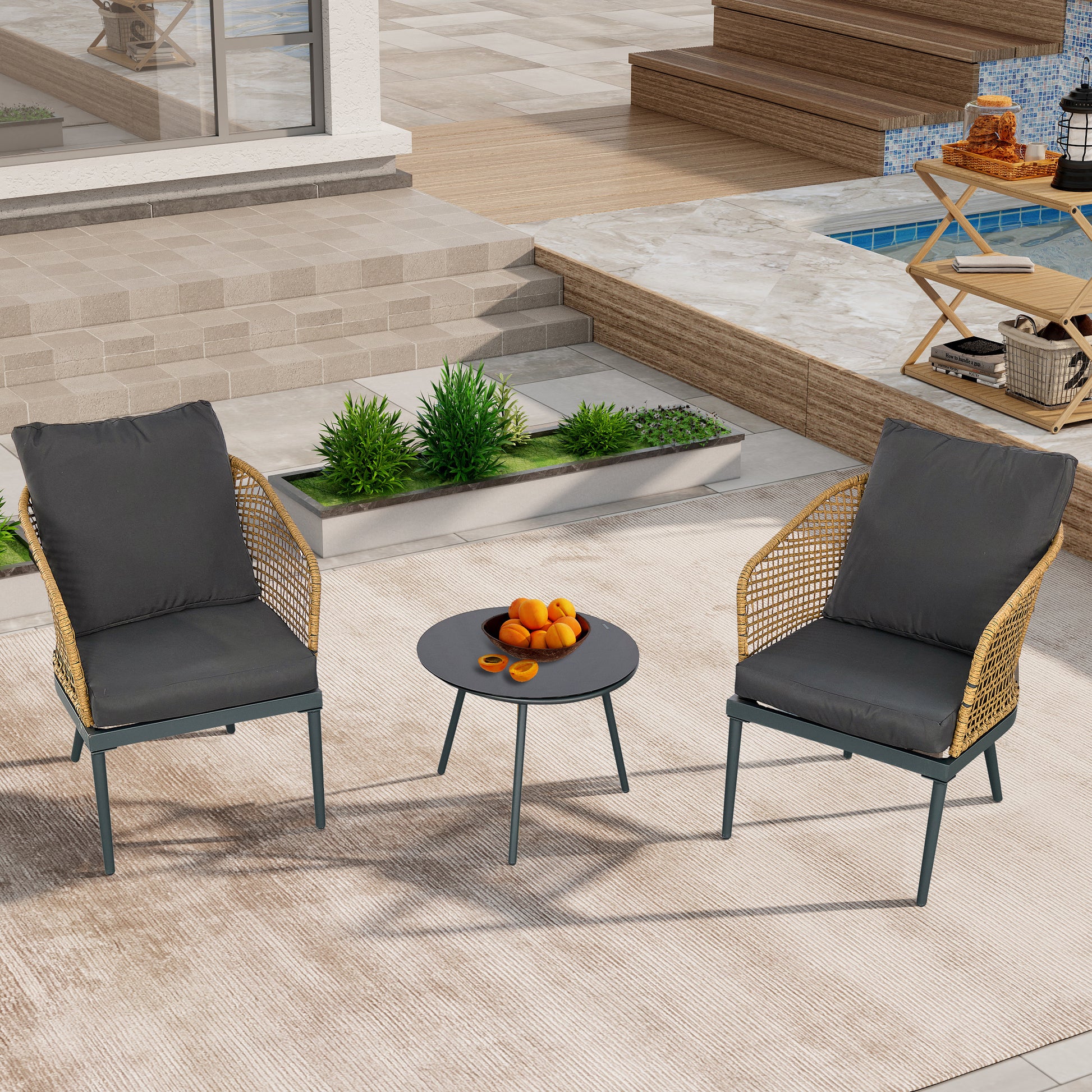 Outdoor Wicker Chairs And Table Bistro Conversation Furniture Set, 3 Pieces For Porch, Balcony, Deck, Patio, Backyard, Natural Color Gray Aluminum