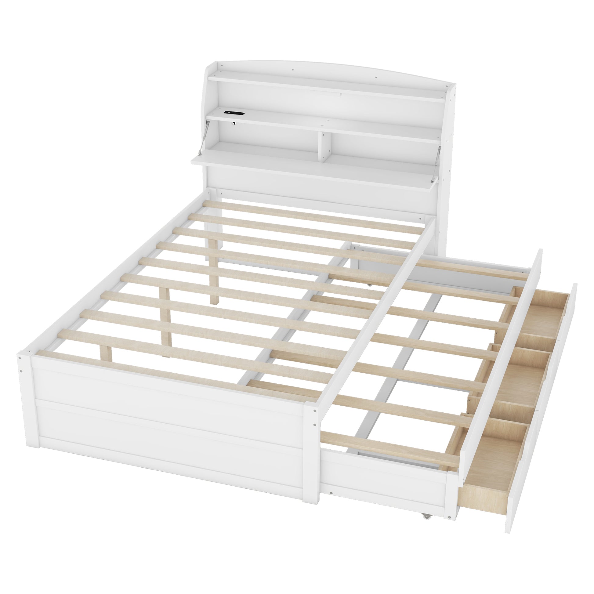 Full Size Wooden Led Platform Bed With Trundle, With Storage Headboard, With Drawers, White Full White Plywood