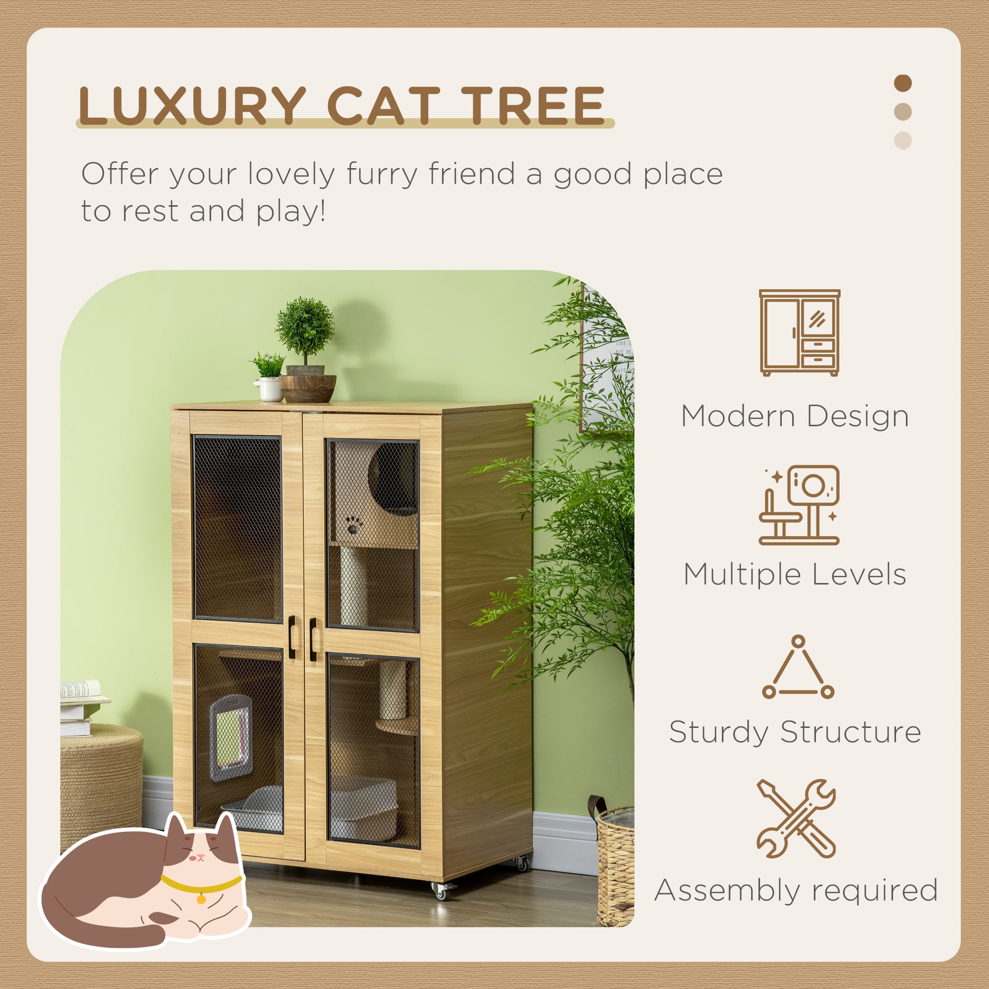 Pawhut Luxury Cat House With Wheels, Kitty Cage Catio Villa For Indoor Cats With Scratching Posts, Condo, Flap Door, Cushion, Oak, 31.5" X 20" X 48.5" Oak Particle Board