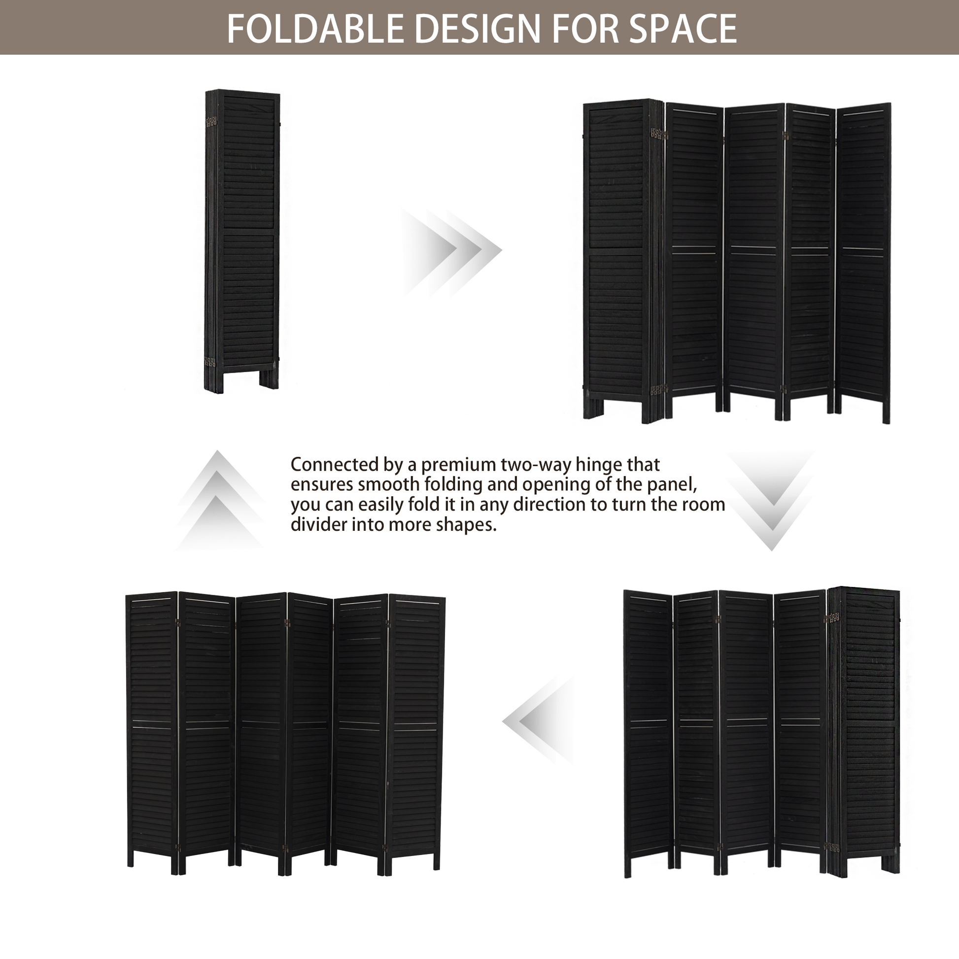 6 Panel Room Divider, Folding Room Divider Privacy Screen 5.6Ft Tall, Wood Freestanding Louvered Divider Screen For Home Office Restaurant Bedroom Black Black Classic Wood