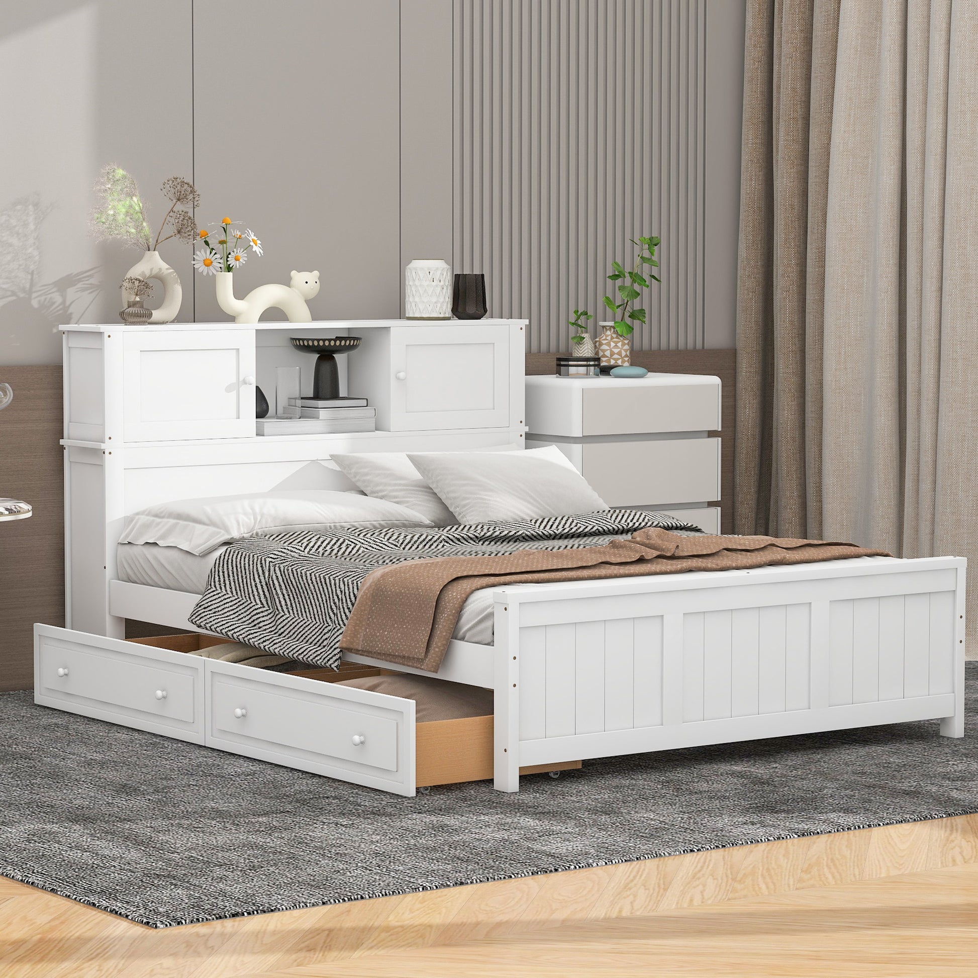 Full Size Platform Bed With Storage Headboard And Sliding Door,2 Drawers, White Full White Solid Wood Mdf