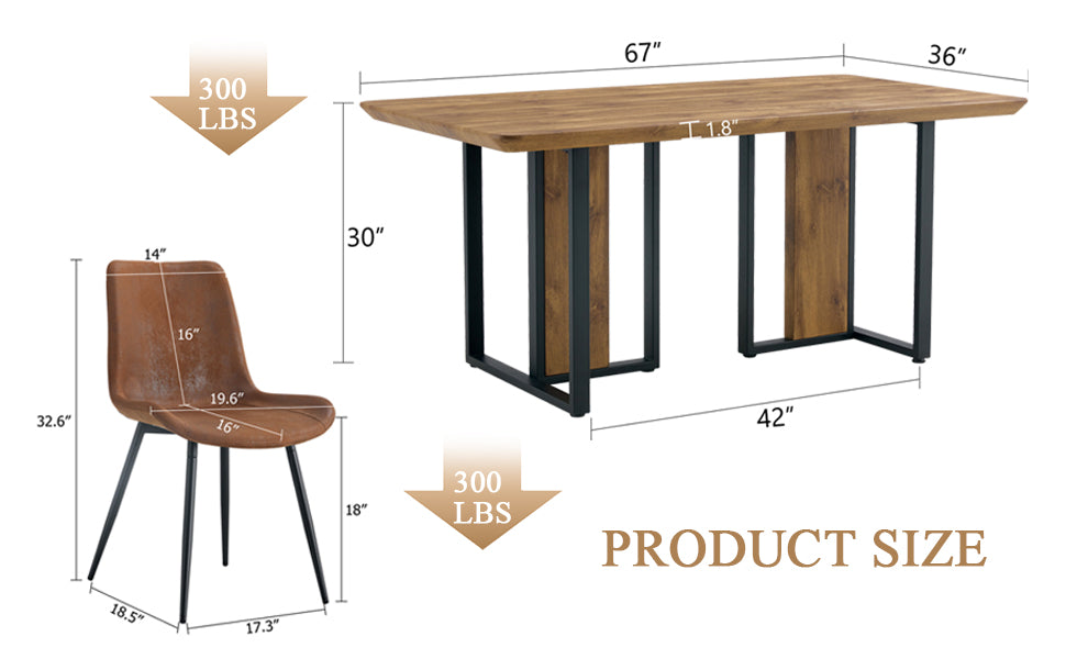 Table And Chair Set.67"X36" Wood Textured Mdf Dining Table Set With 4 Brown Suede Chairs.Mdf Sticker,Wood Colored Texture Sticker,Brown Armless Dining Chair,Suitable For Kitchen,Dining Room,Etc.