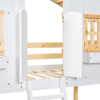 Twin Over Twin House Bunk Bed With Roofwindow, Window Box, Doorwith Safety Guardrails And Ladder, Natural White Twin Natural White Pine