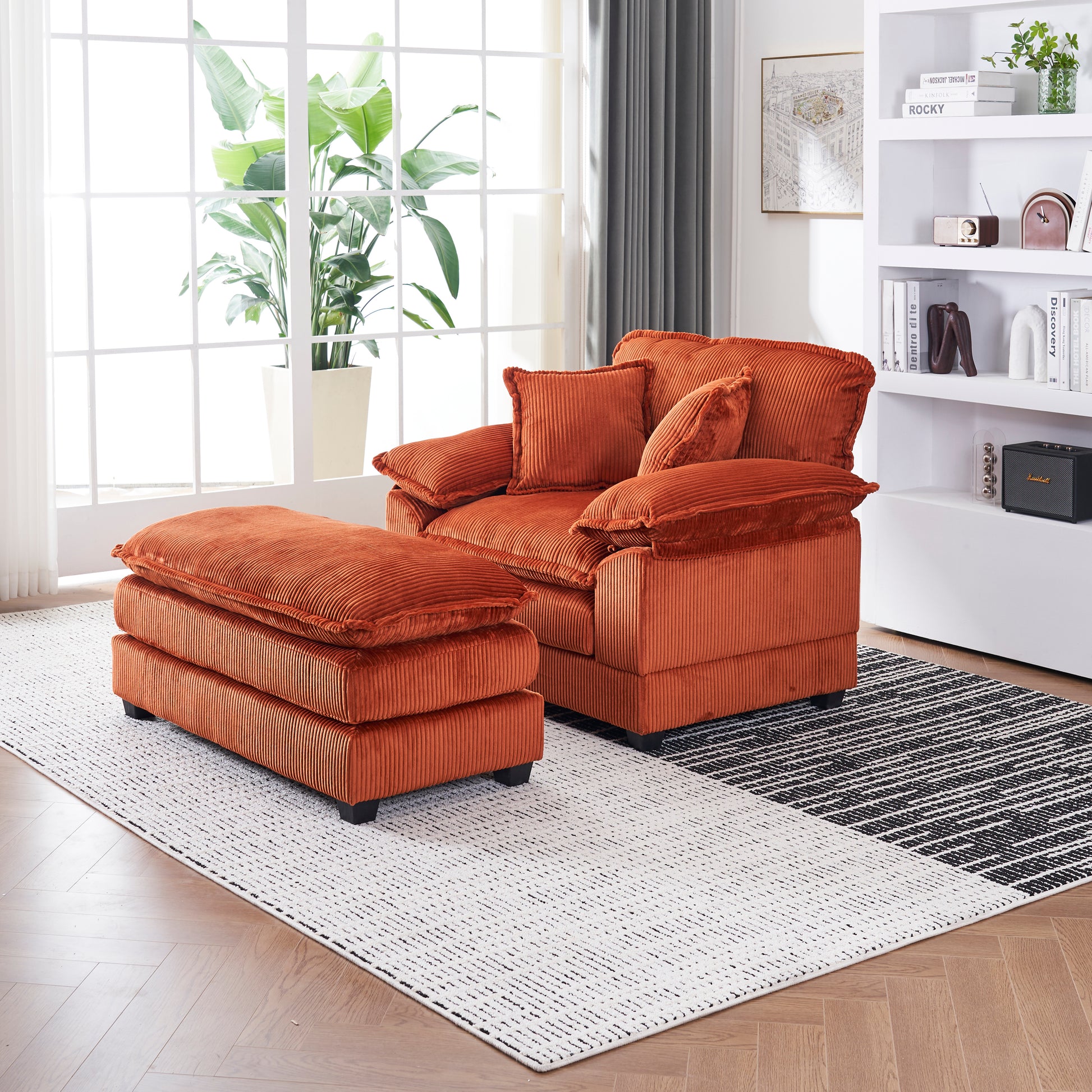 56.3 Inch Corduroy Single Sofa With 2 Toss Pillows And A Ottoman ,Comfy Sofa Deep Seat Couch For Living Room Orange Foam 1 Seat