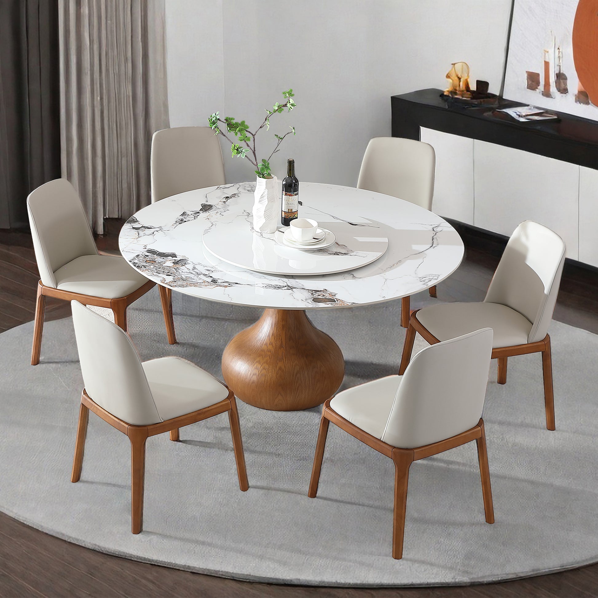 Modern Marble Dining Table, 59" Round Sintered Stone Table For Dining Room, Kitchen, Dinette, Compact Space With Lazy Susan 6 Chairs Walnut,White Dining Room American Design,Luxury,Modern Oak Round