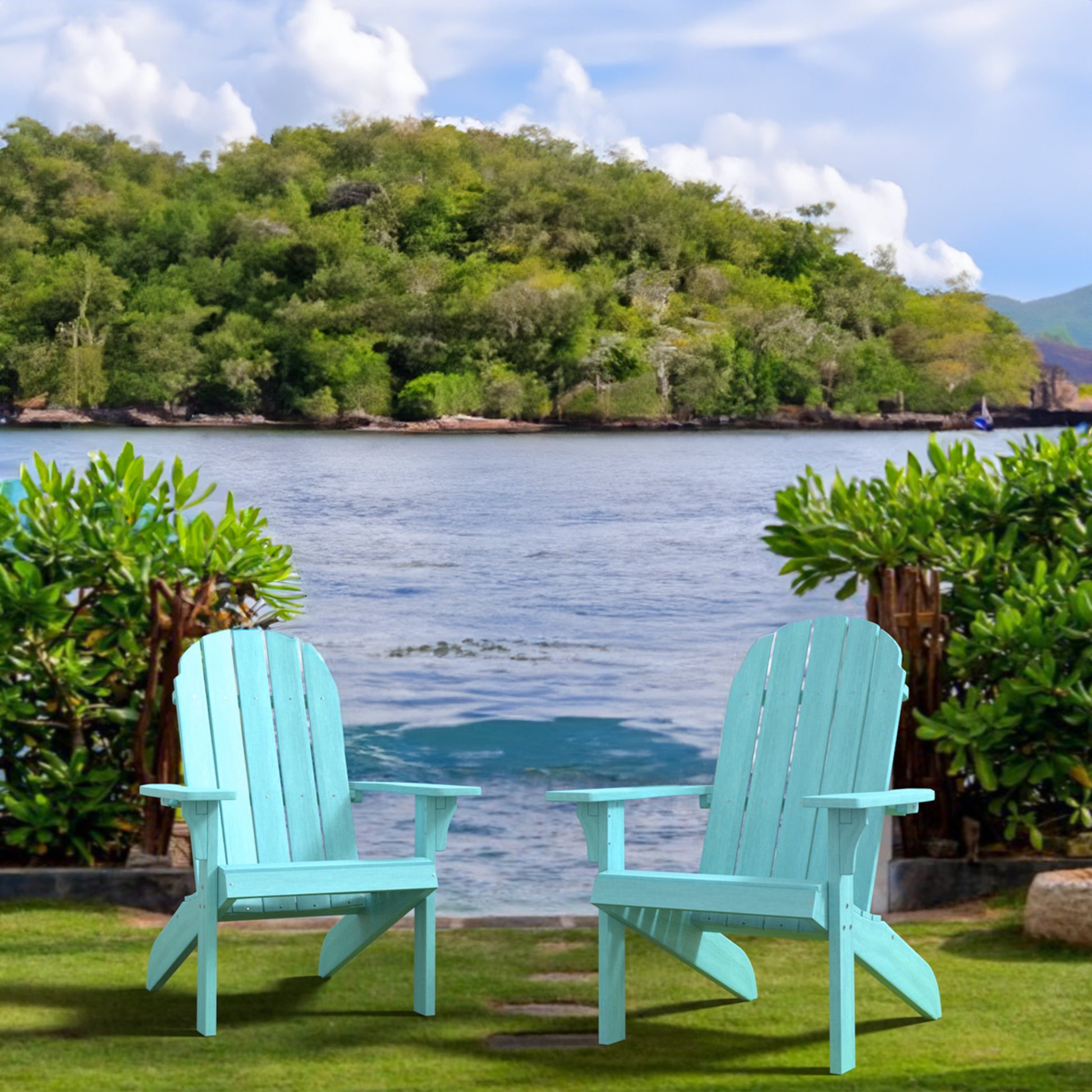 Hips Classic Adirondack Chair, Ultra Durable Weather Resistant Design, Real Wood Look, 300 Lb Capacity, Blue Aqua Blue Plastic