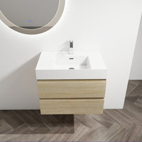 30" Wall Mounted Bathroom Vanity With Resin Sink, 2 Soft Close Drawers, Kd Package 2 Light Oak Bathroom Wall Mounted Modern Plywood