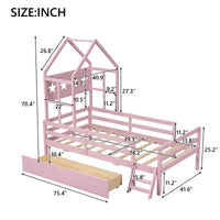 Wood Twin Size House Platform Bed With Guardrail And Drawer, Pink Box Spring Not Required Twin Pink Wood Bedroom Bed Frame Solid Wood Mdf