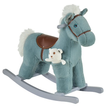 Qaba Kids Plush Ride On Rocking Horse With Bear Toy, Children Chair With Soft Plush Toy & Fun Realistic Sounds, Blue Blue Plush