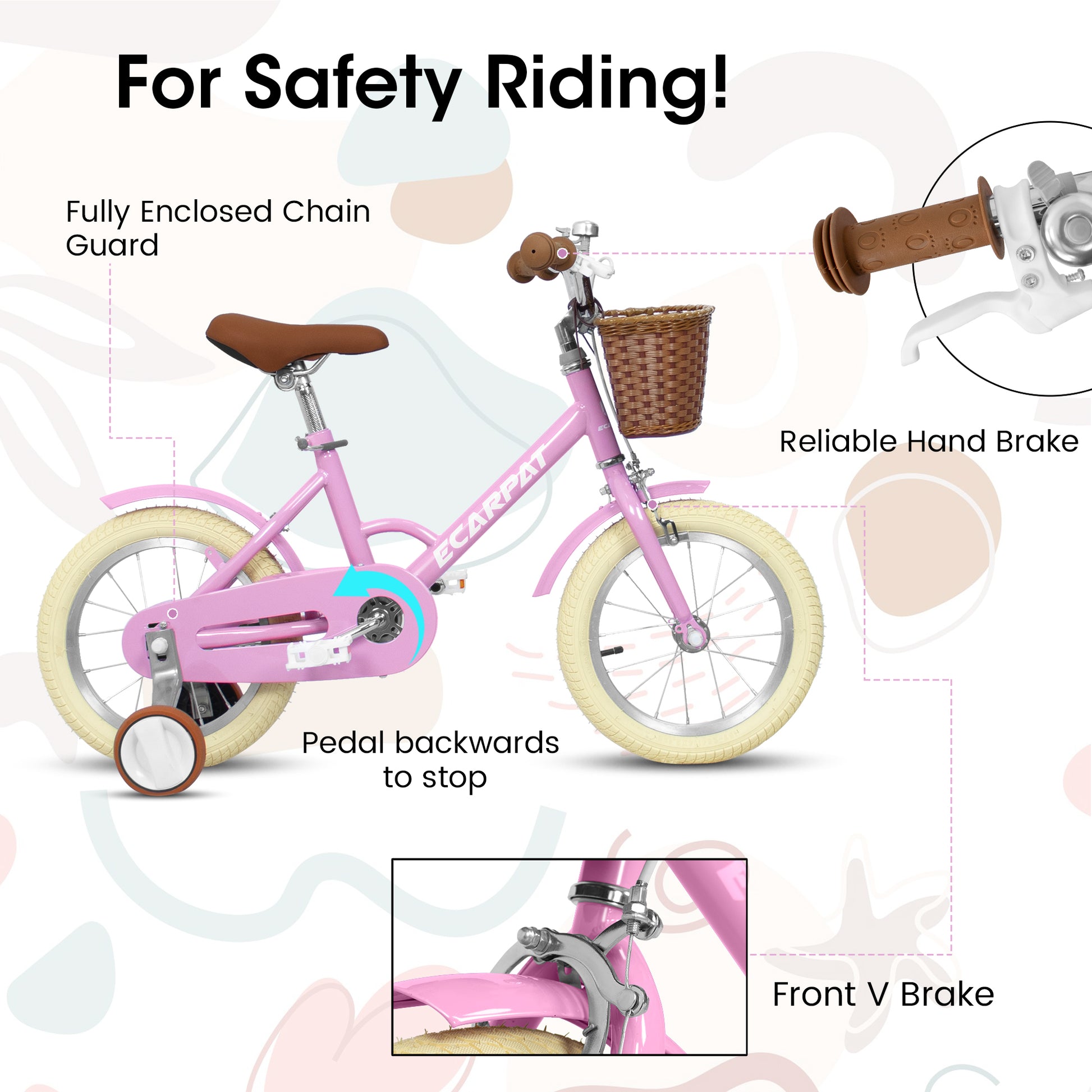 A12116 Ecarpat Kids'Bike Girls Bike 12 Inch Wheels,1 Speed Child Bicycles For 2 3 Years,With Removable Training Wheels Baby Toys,Front V Brake,Rear Holding Brake Pink Steel