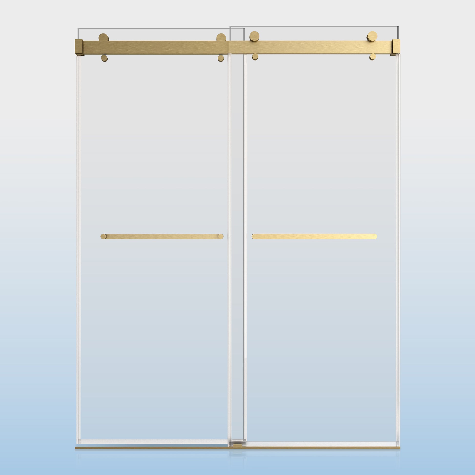 56 60 Inches Width 76 Inches Height Double Sliding Frameless Shower Door With 3 8 Inches 10Mm Clear Tempered Glass, Brushed Gold Finish Brushed Gold Bathroom Luxury,Modern Glass Aluminium,Stainless