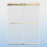 56 60 Inches Width 76 Inches Height Double Sliding Frameless Shower Door With 3 8 Inches 10Mm Clear Tempered Glass, Brushed Gold Finish Brushed Gold Bathroom Luxury,Modern Glass Aluminium,Stainless